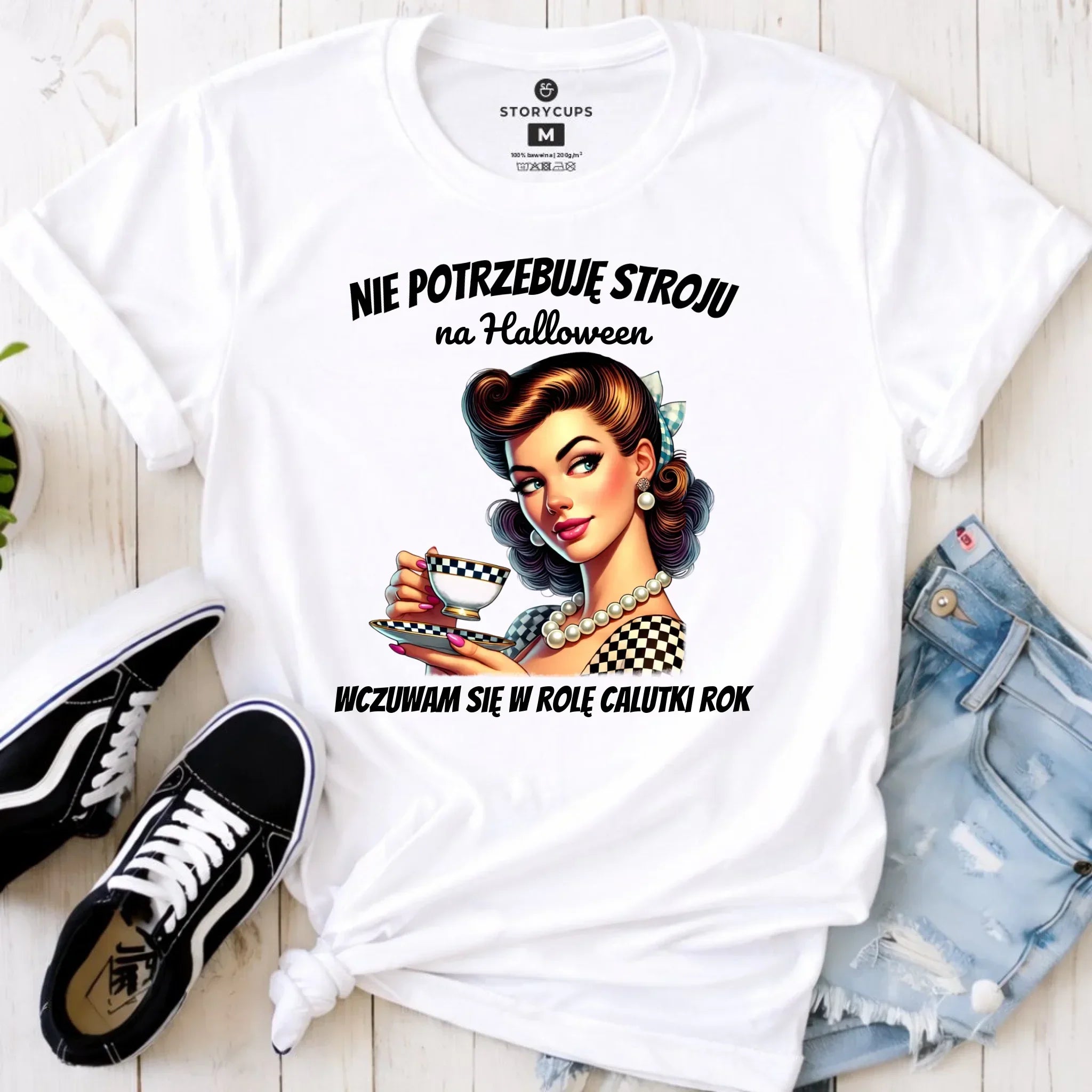 Koszulka damska retro pin-up girl – Nie potrzebuję stroju na Halloween HL29 - StoryCups.pl