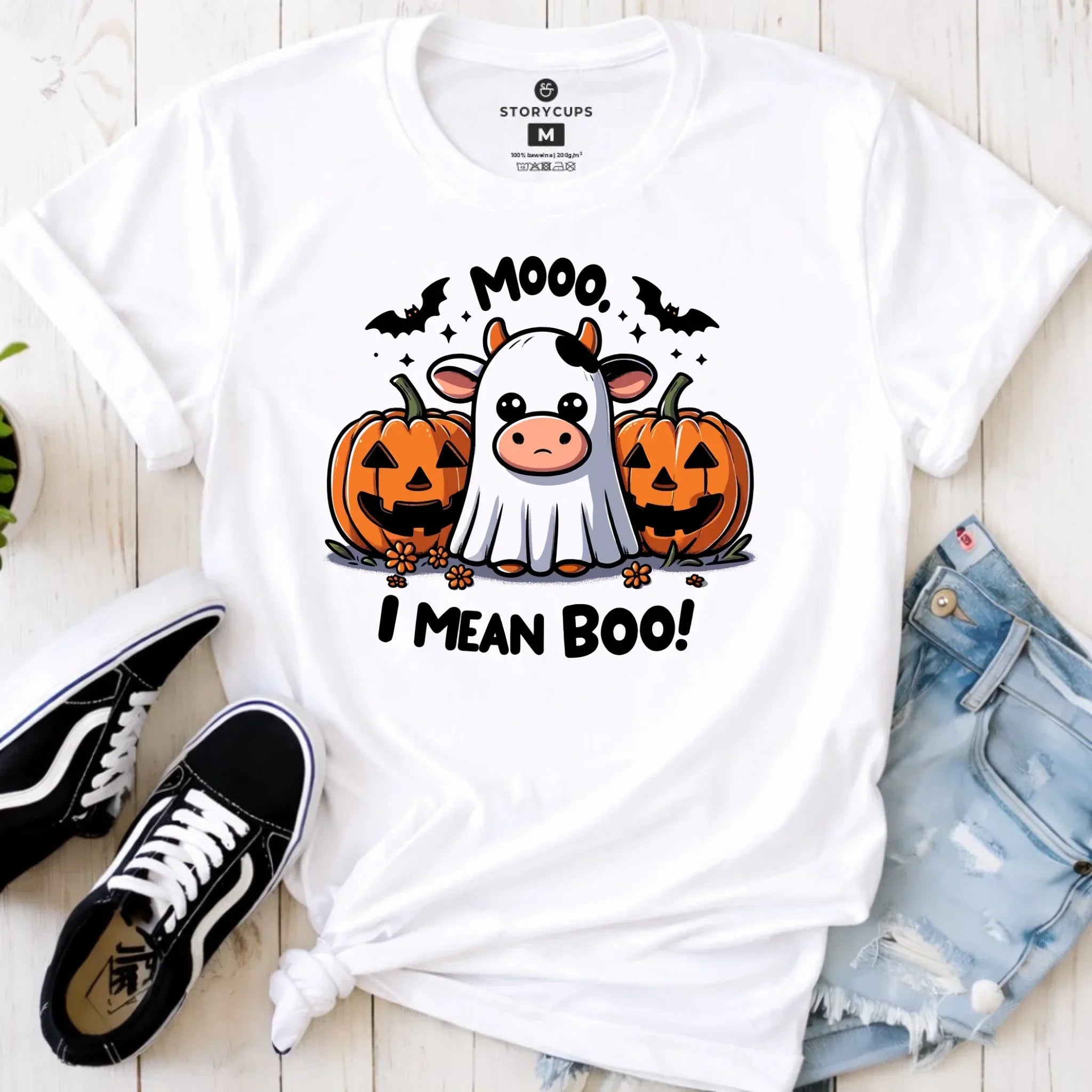 Koszulka damska na Halloween - Mooo I mean Boo! - z dynią i duchem HL14 - StoryCups.pl