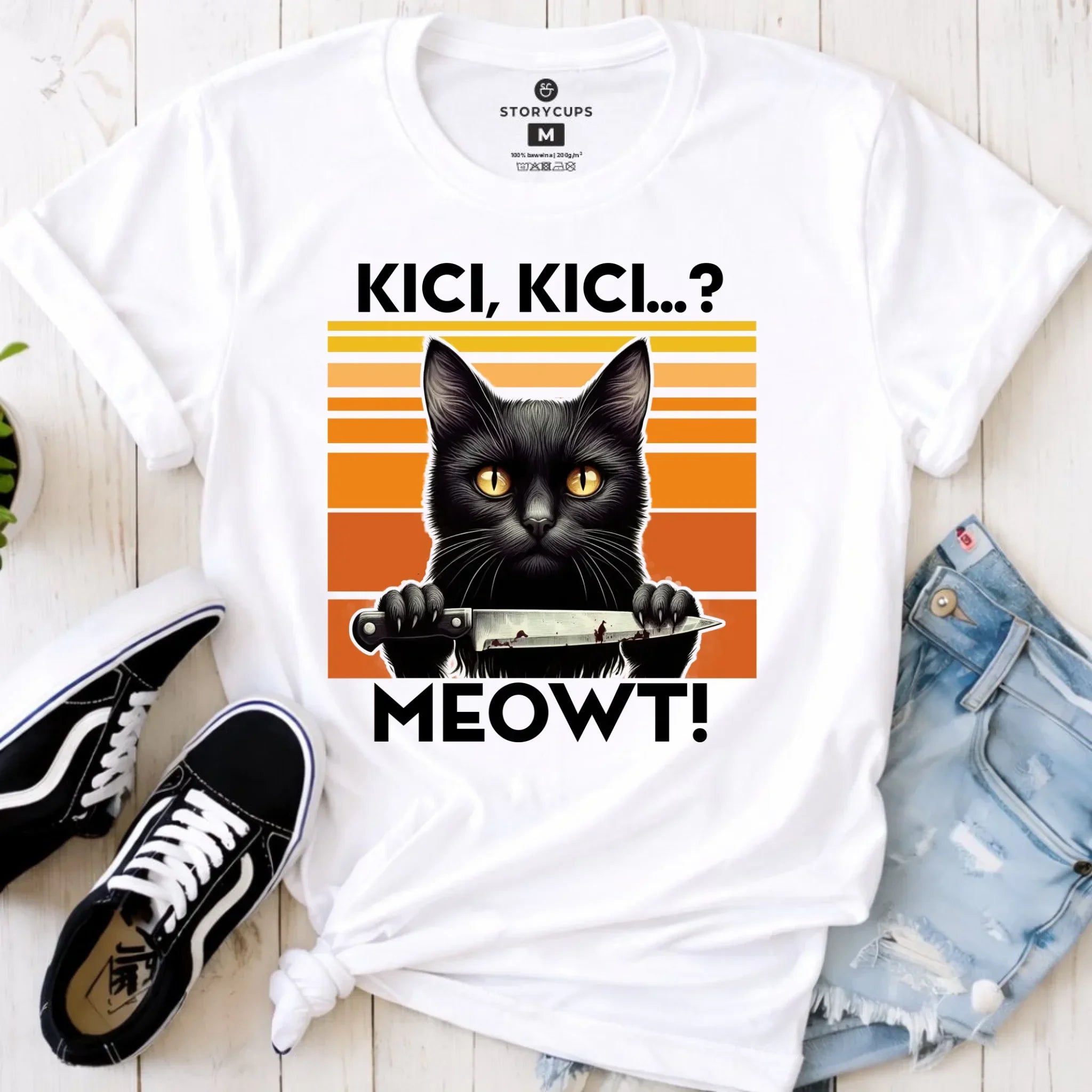 Koszulka damska - Kot z nożem - Kici, kici... MEOWT! HL17 - StoryCups.pl