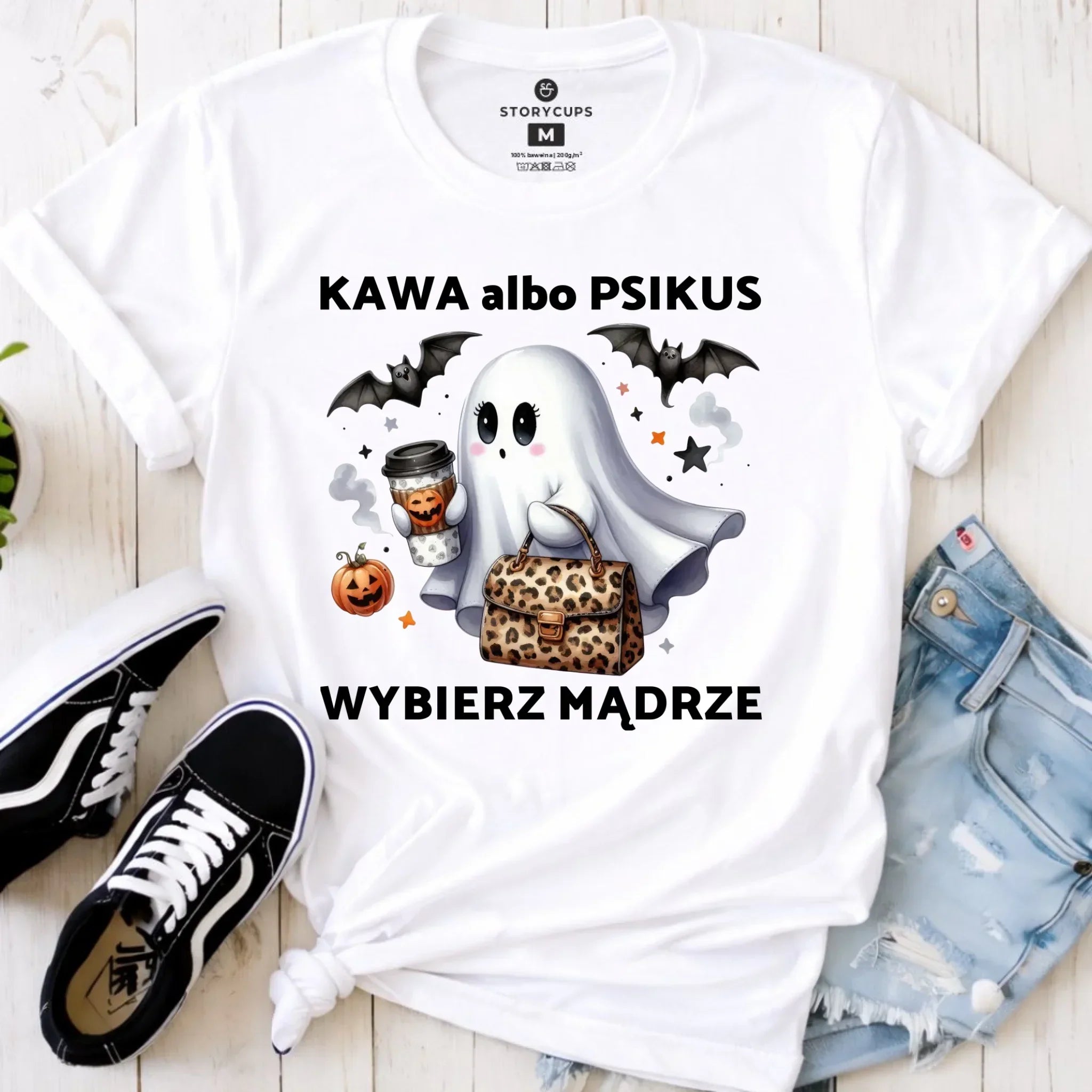 Koszulka damska halloweenowa - Duch - Kawa albo psikus HL07 - StoryCups.pl