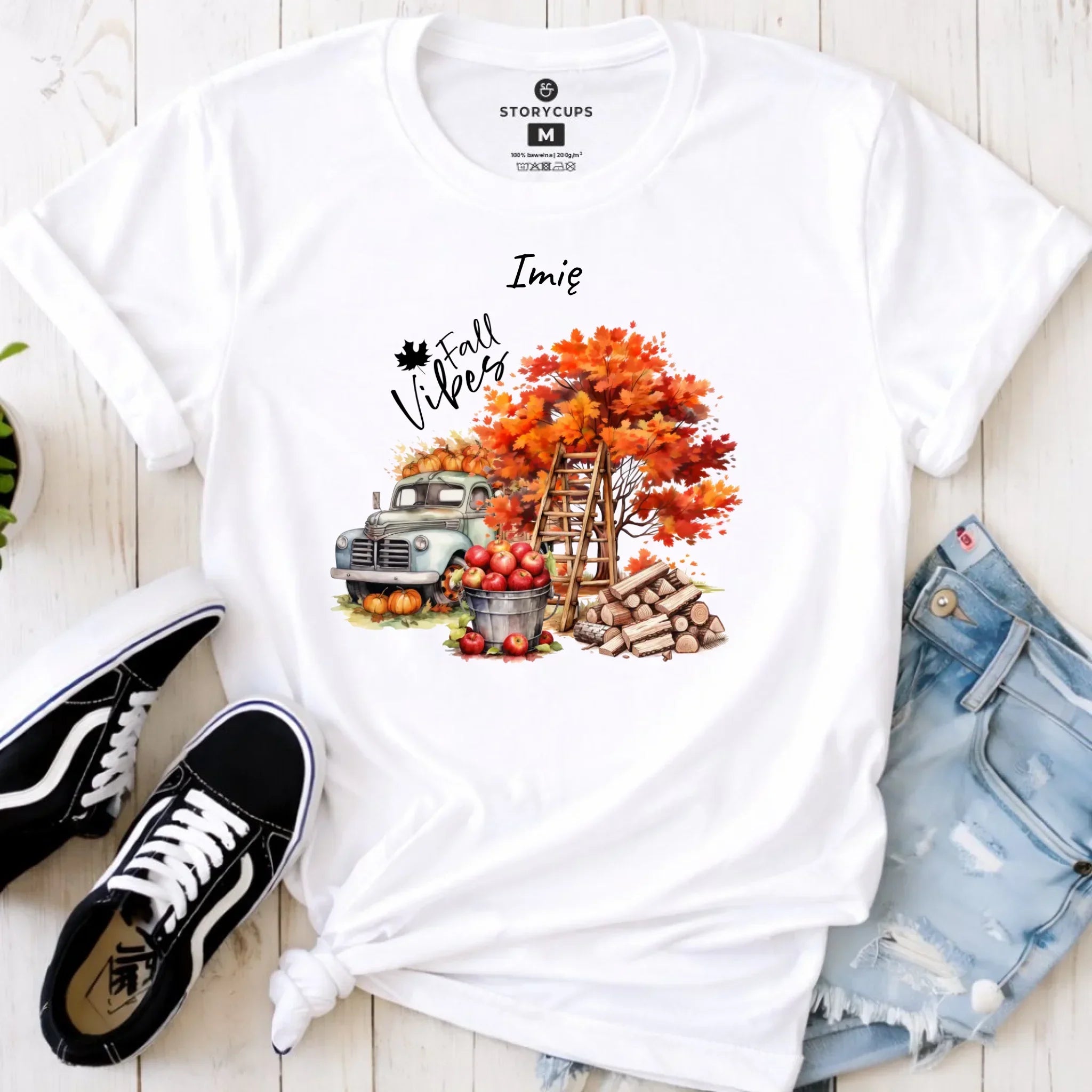 Koszulka damska jesienna – Vintage auto dynie i jabłka – personalizowana JS07 - StoryCups.pl