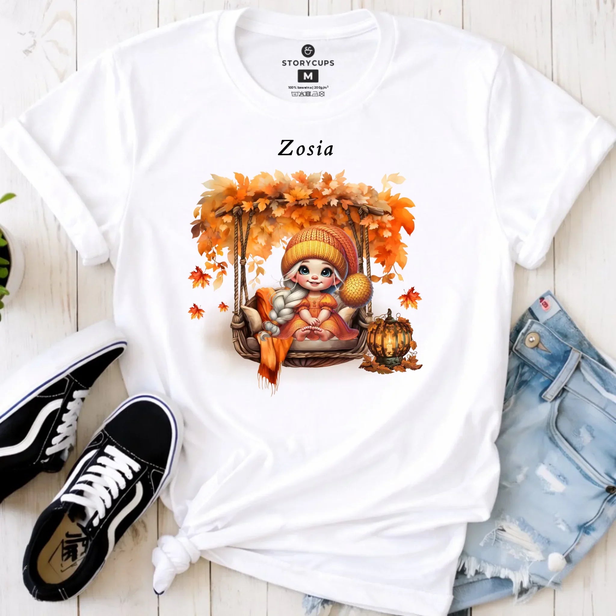 Koszulka damska jesieniara - Dziewczynka z liśćmi - personalizowana JS17 - StoryCups.pl