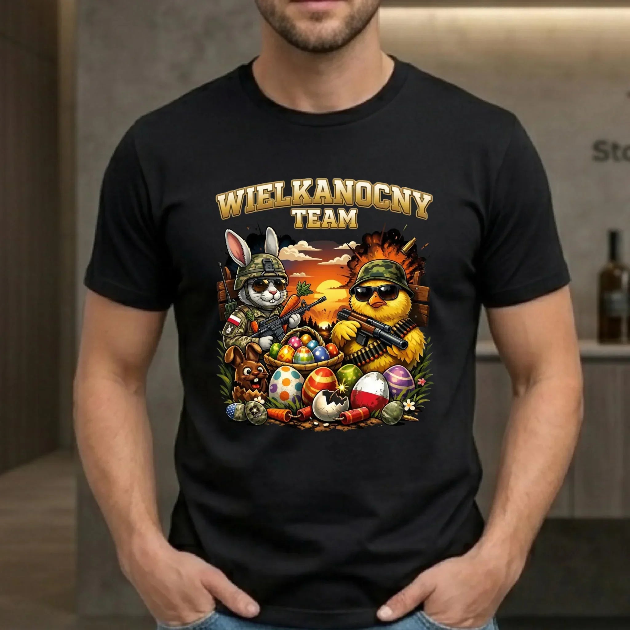 Koszulka męska na Wielkanoc - Kurczak i zając armia Wielkanocny Team WN37 - StoryCups.pl