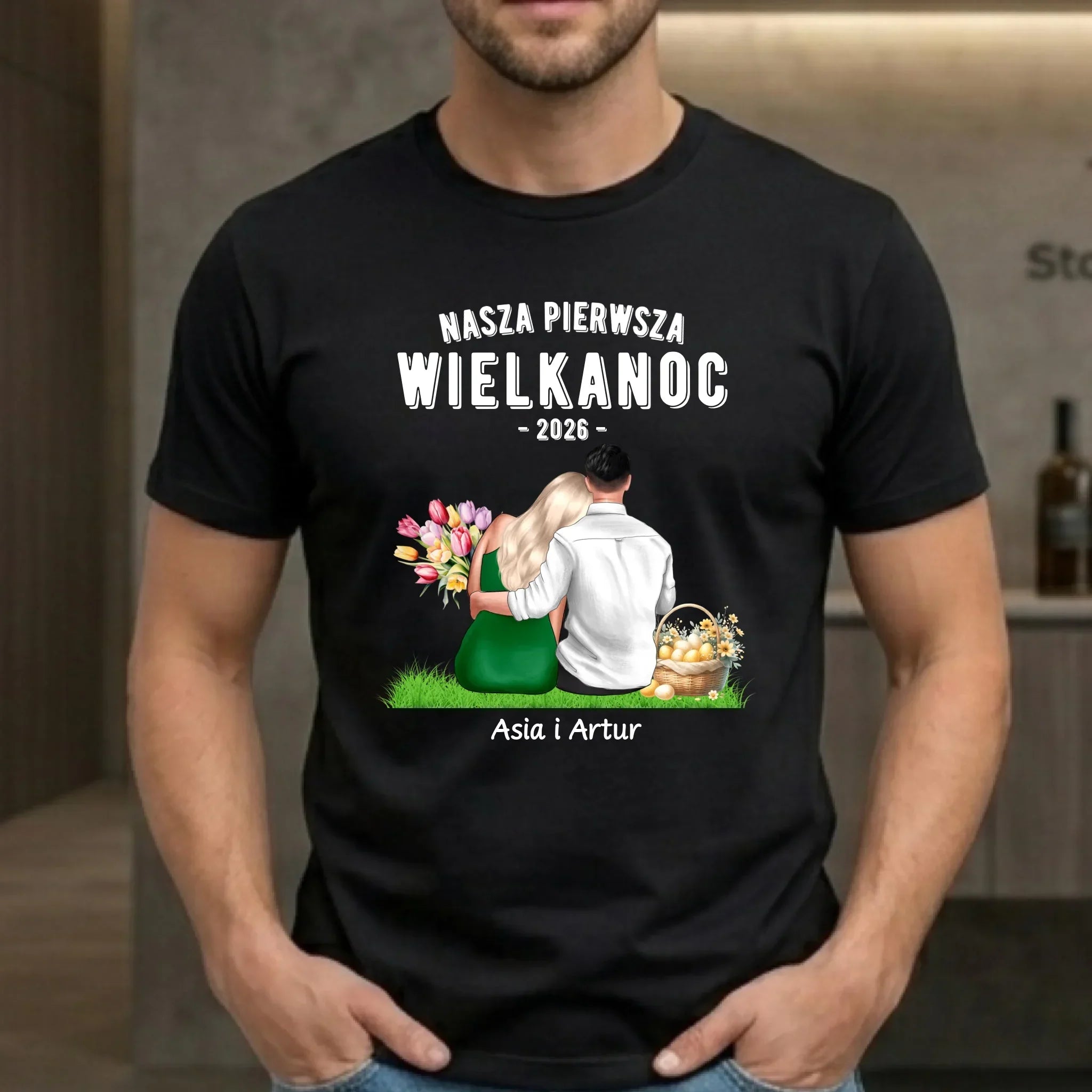 Koszulka męska wielkanocna dla par - Nasza pierwsza Wielkanoc - personalizowana WN16 - StoryCups.pl