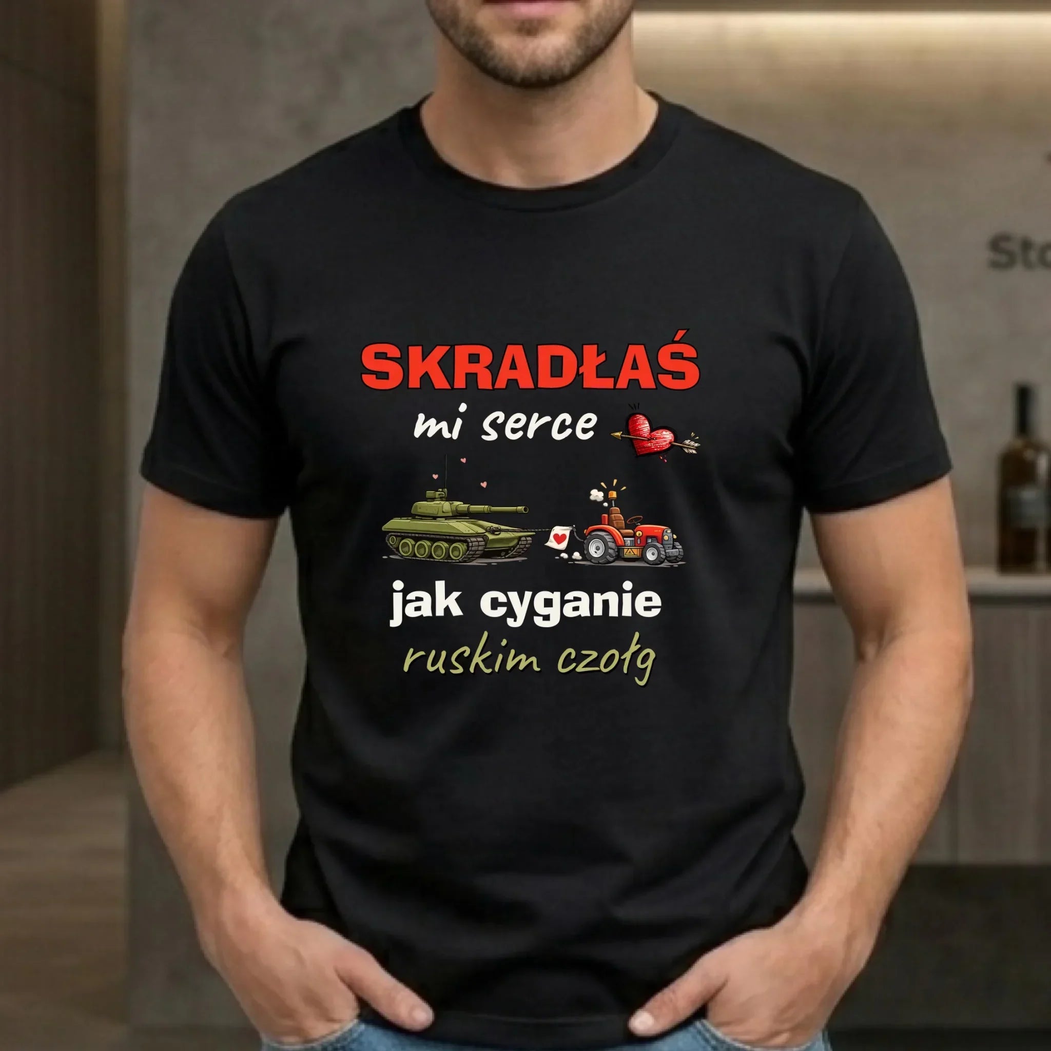 Koszulka męska - Skradłaś mi serce jak cyganie ruskim czołg W76 - StoryCups.pl