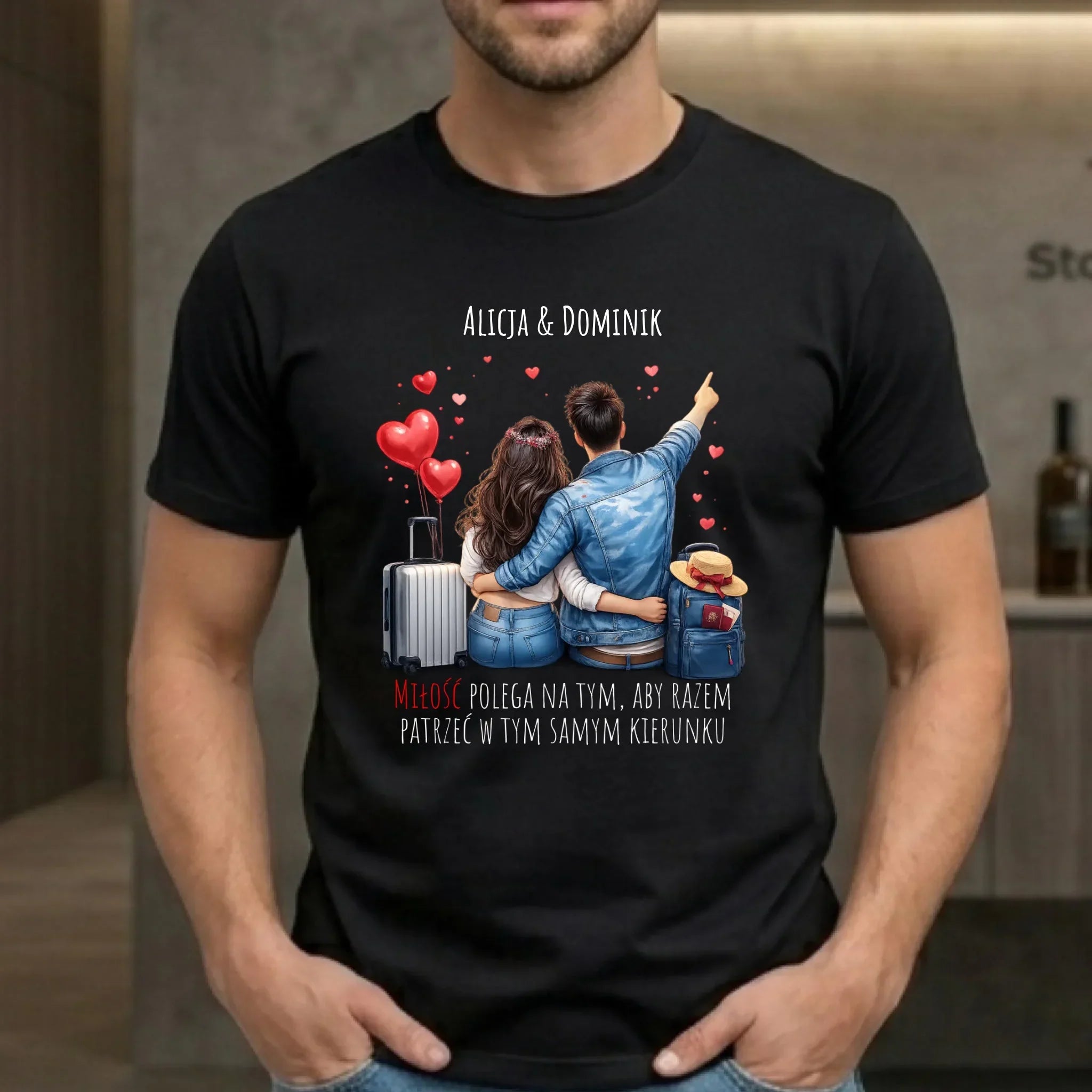 Koszulka męska dla par - Para w podróży miłość - personalizowana W12 - StoryCups.pl