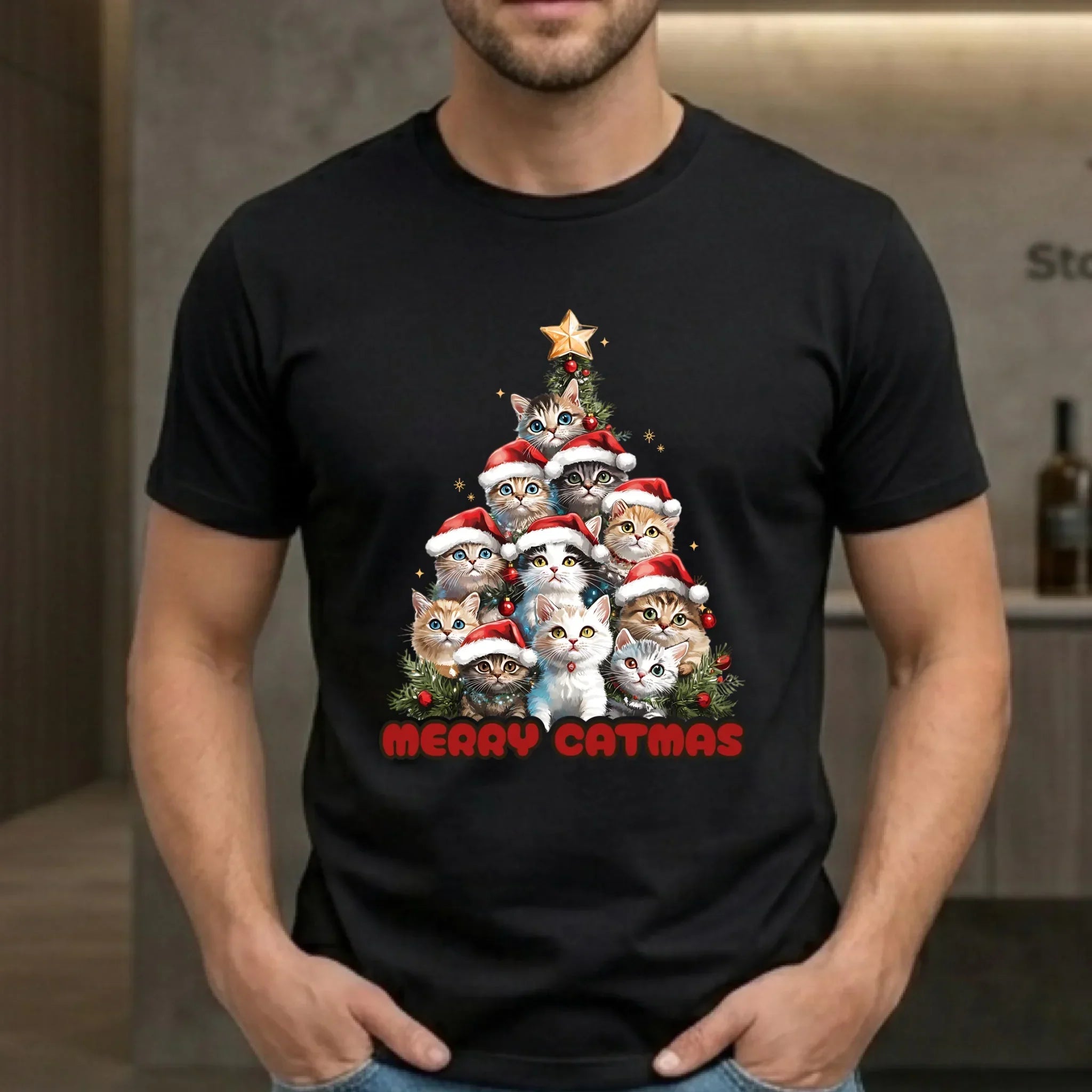 Koszulka męska świąteczna - Kocia choinka Merry Catmas BN20 - StoryCups.pl