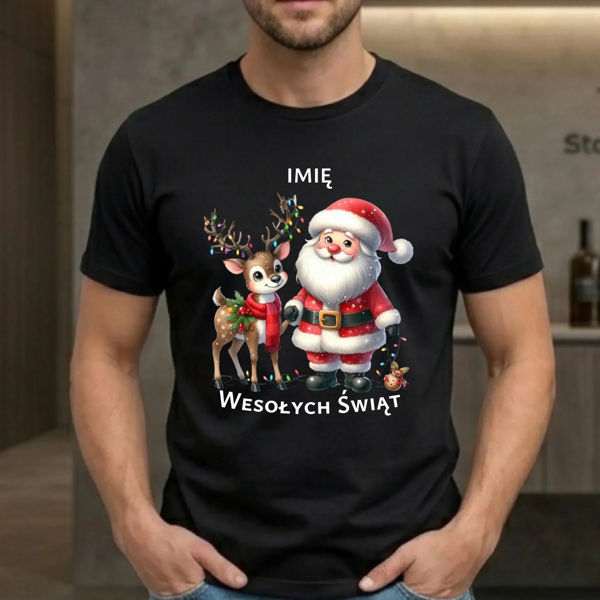 Koszulka męska świąteczna - Mikołaj z reniferem - personalizowana BN09 - StoryCups.pl