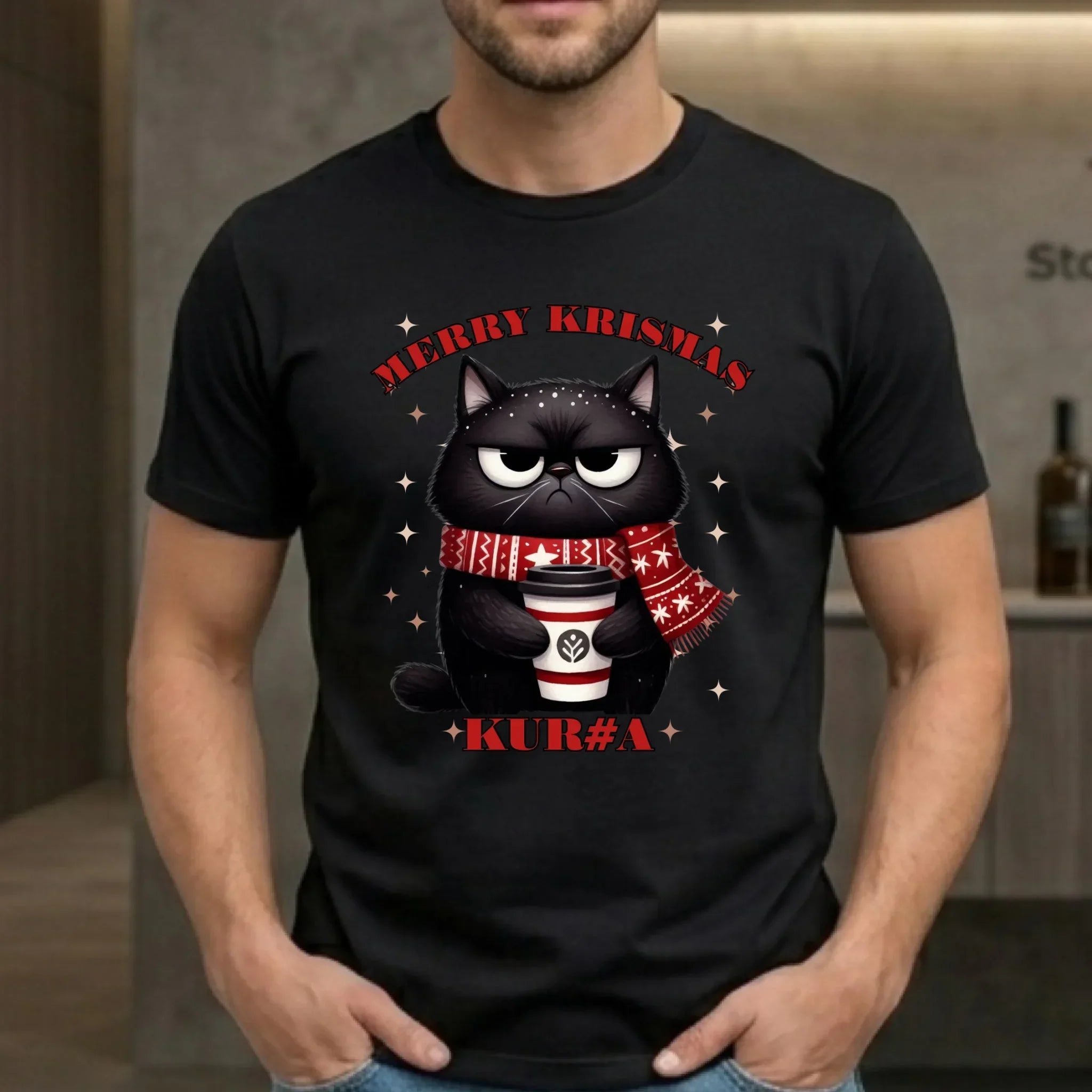 Koszulka męska świąteczna - Zburczany kot Merry Krismas kur#a - bez cenzury BN34 - StoryCups.pl