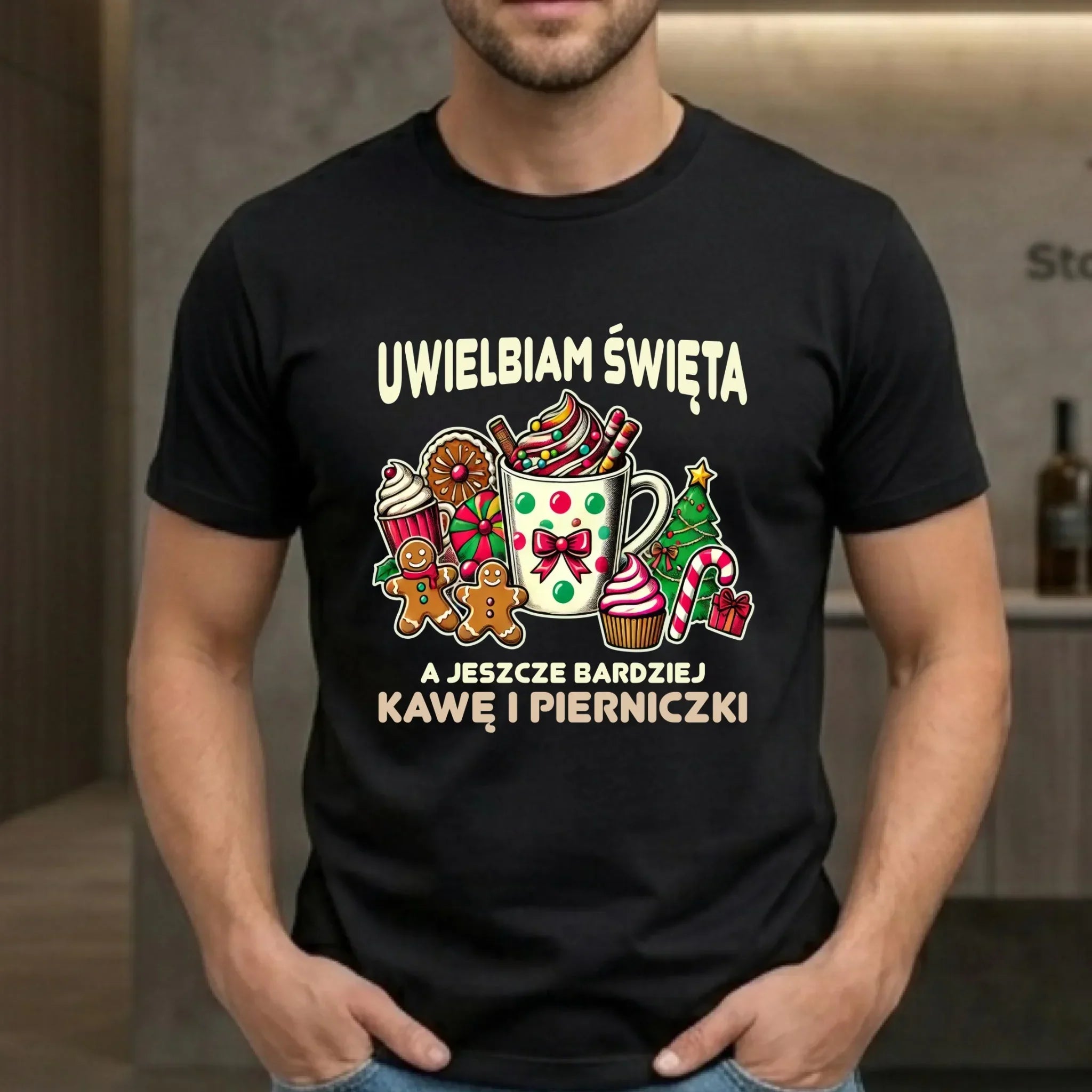Koszulka męska świąteczna - Uwielbiam święta kawę i pierniczki BN47 - StoryCups.pl