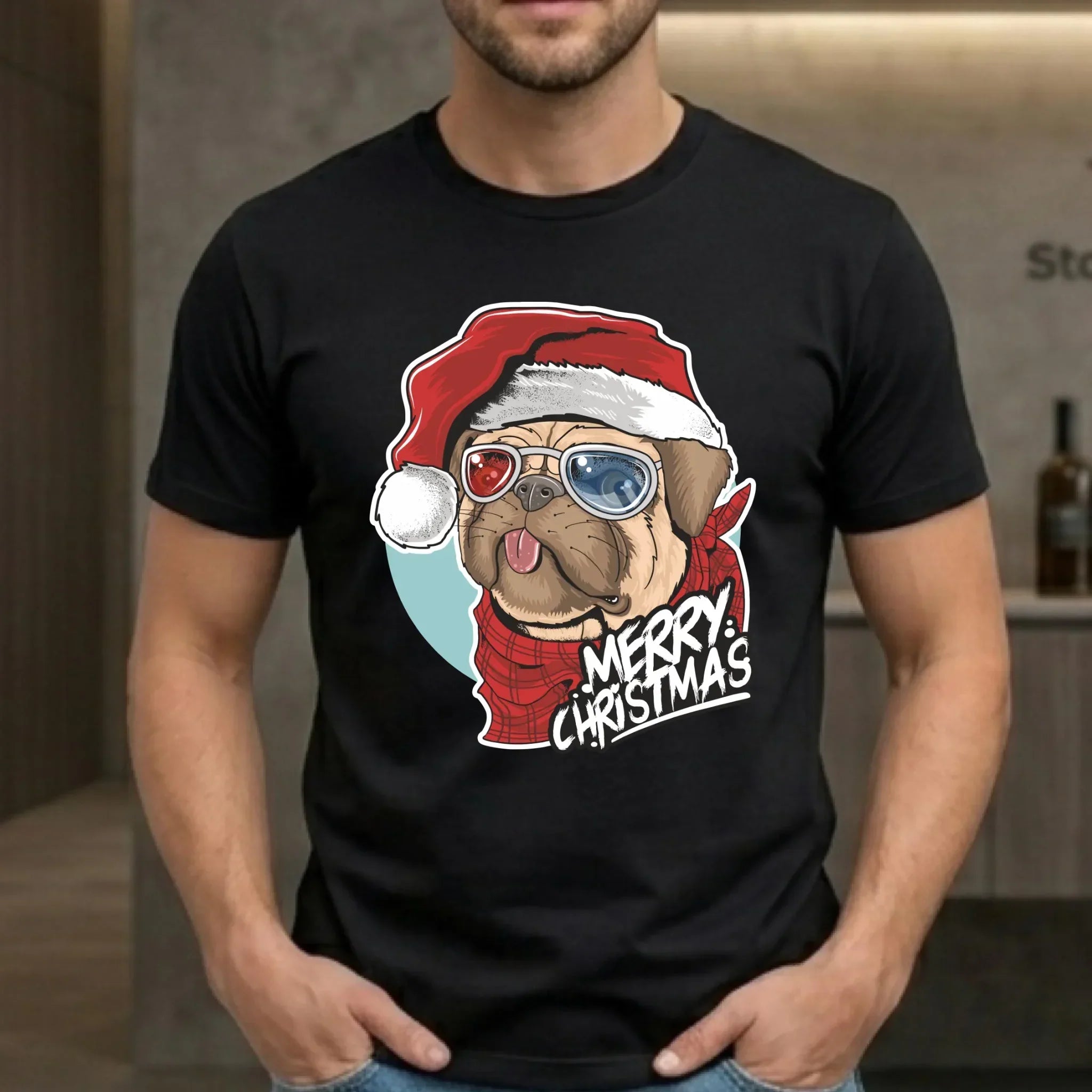 Koszulka męska świąteczna - Mops Merry Christmas BN62 - StoryCups.pl