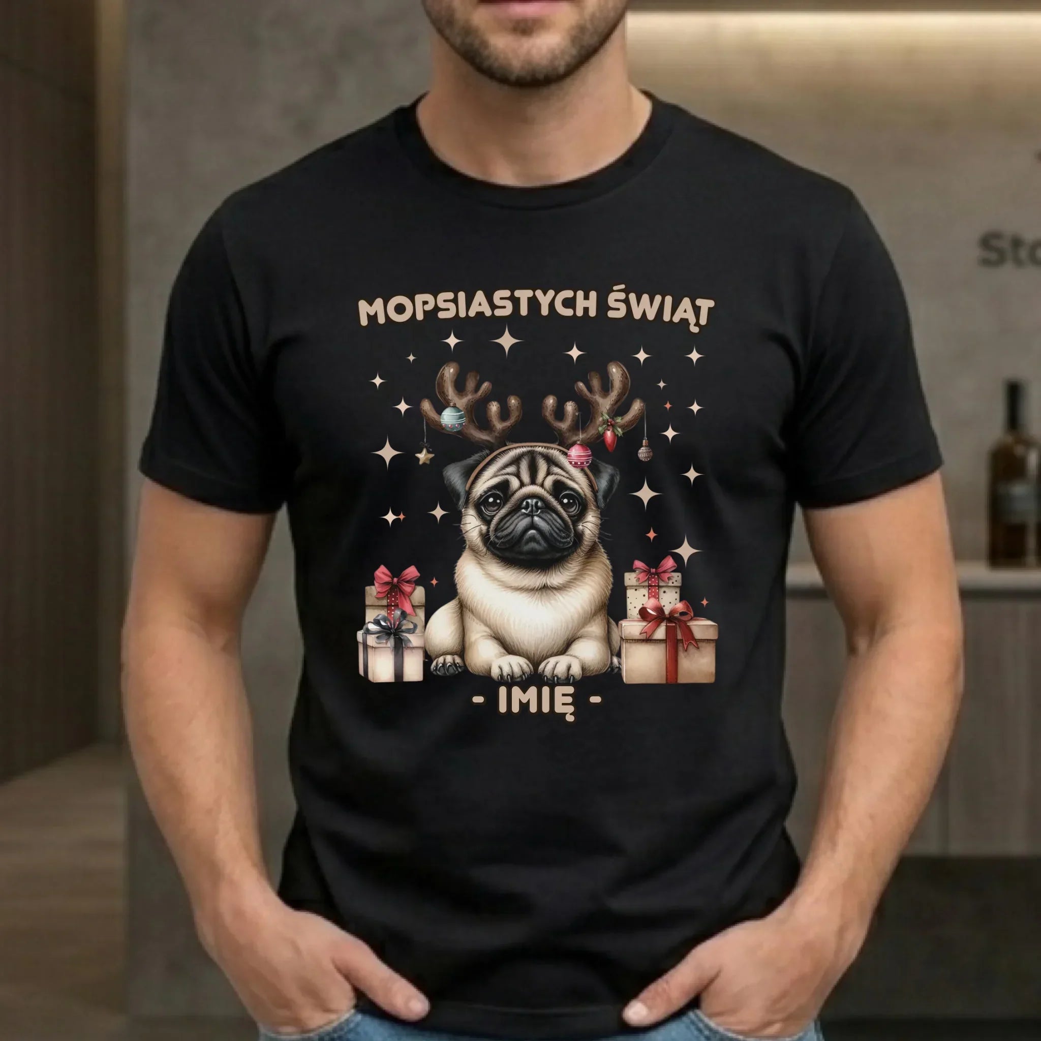 Koszulka męska świąteczna - Mops Mopsiastych świąt - personalizowana BN91 - StoryCups.pl
