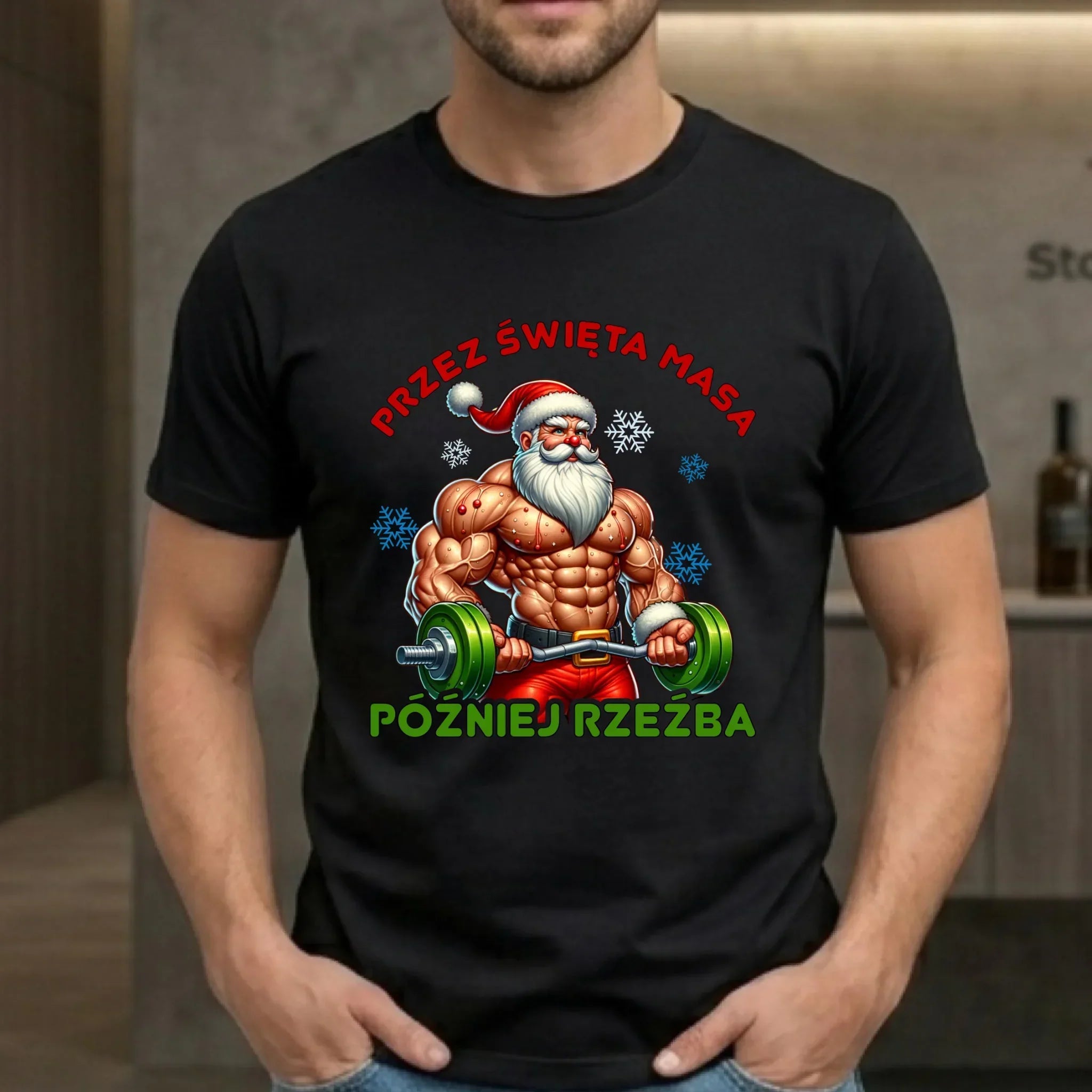 Koszulka męska świąteczna - Mikołaj na siłowni - Przez święta masa, później rzeźba BN139 - StoryCups.pl