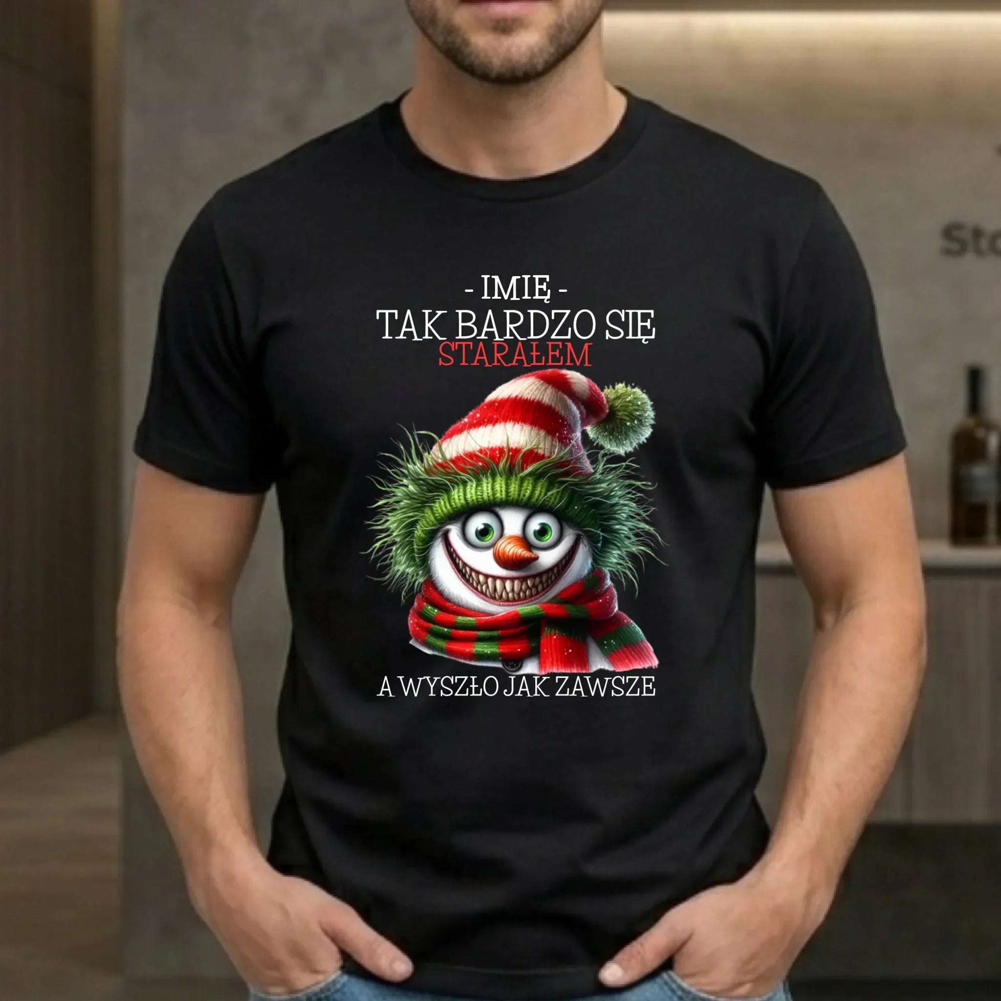 Koszulka męska świąteczna z bałwanem - Tak bardzo się starałem - personalizowana BN120 - StoryCups.pl