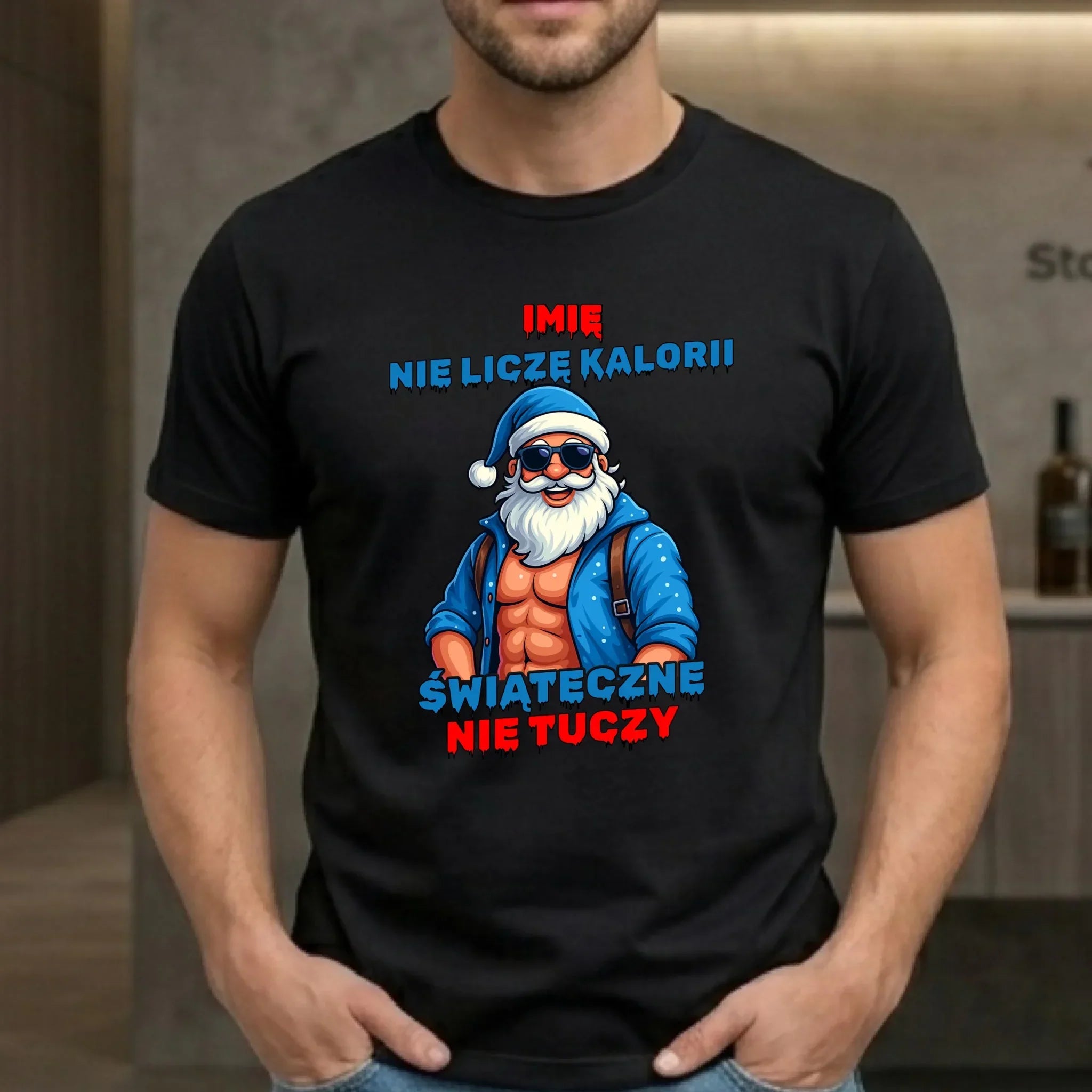 Koszulka męska świąteczna z Mikołajem - Świąteczne nie tuczy - personalizowana BN118 - StoryCups.pl