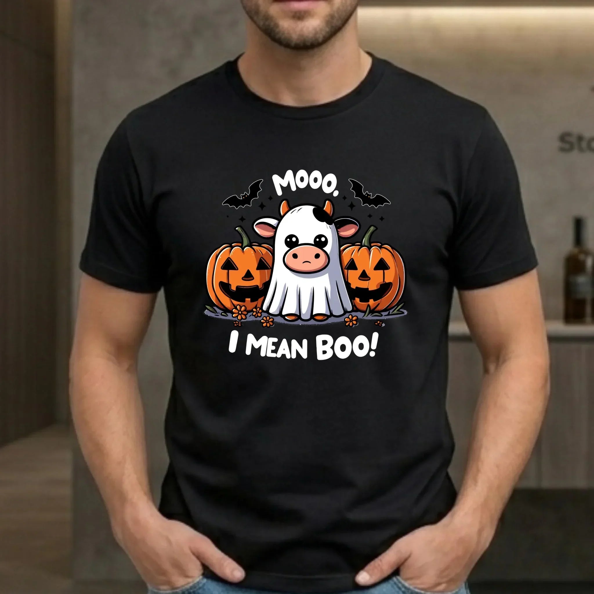 Koszulka męska na Halloween - Mooo I mean Boo! - z dynią i duchem HL14 - StoryCups.pl