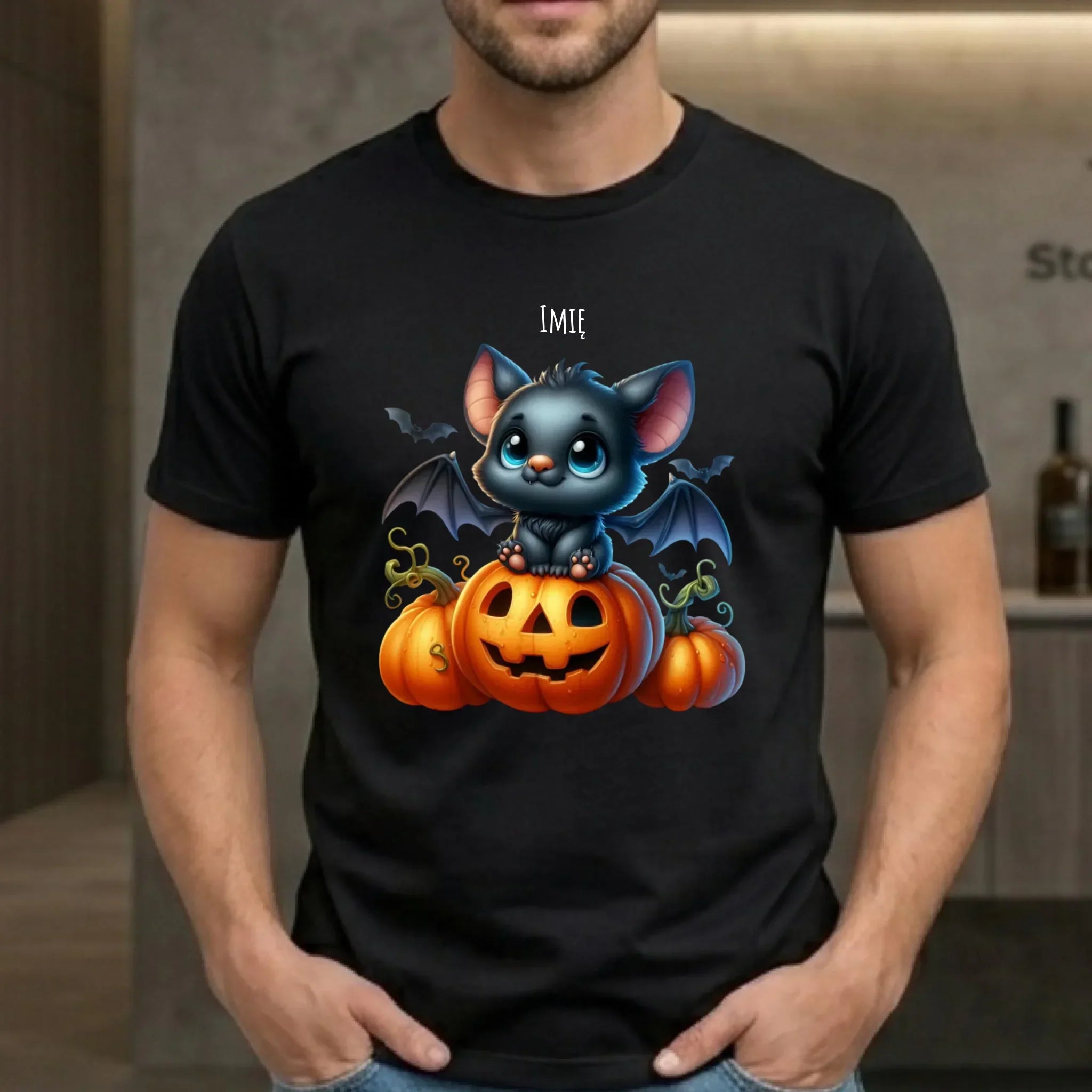 Koszulka męska halloweenowa - Słodki nietoperz z dynią - personalizowana HL09 - StoryCups.pl