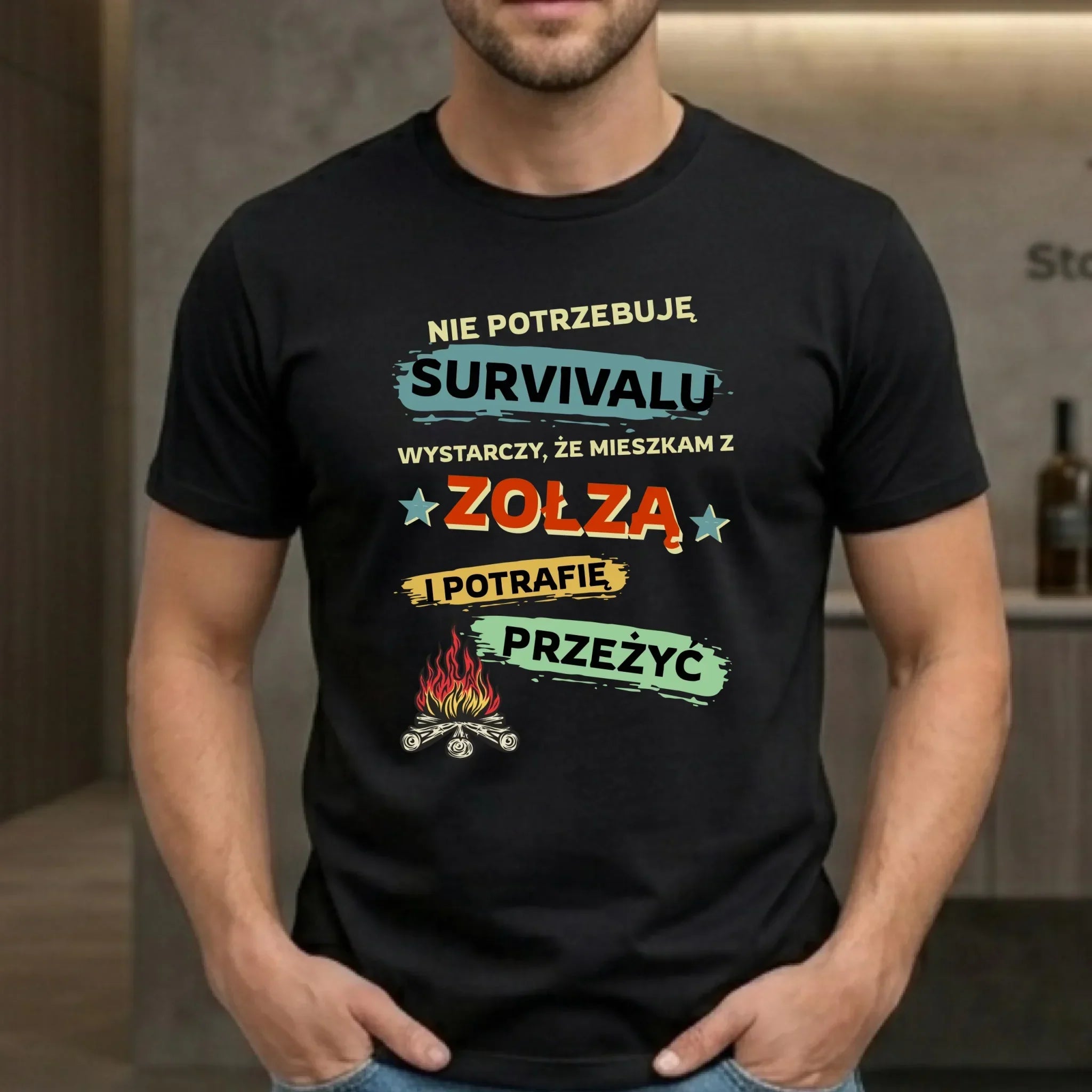 Koszulka męska – Prezent dla chłopaka męża - Nie potrzebuję survivalu, mieszkam z zołzą DCH25 - StoryCups.pl