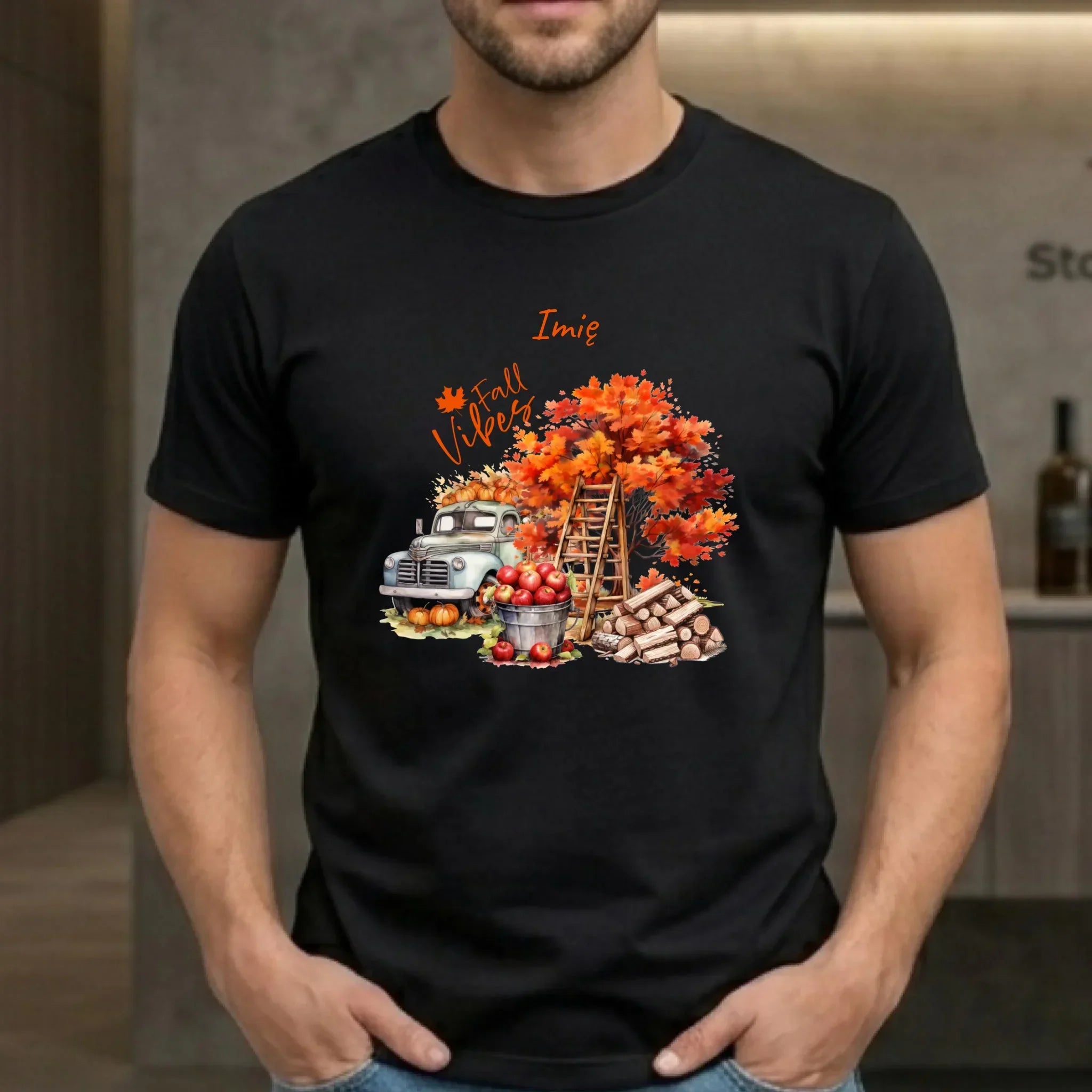 Koszulka męska jesienna – Vintage auto dynie i jabłka – personalizowana JS07 - StoryCups.pl