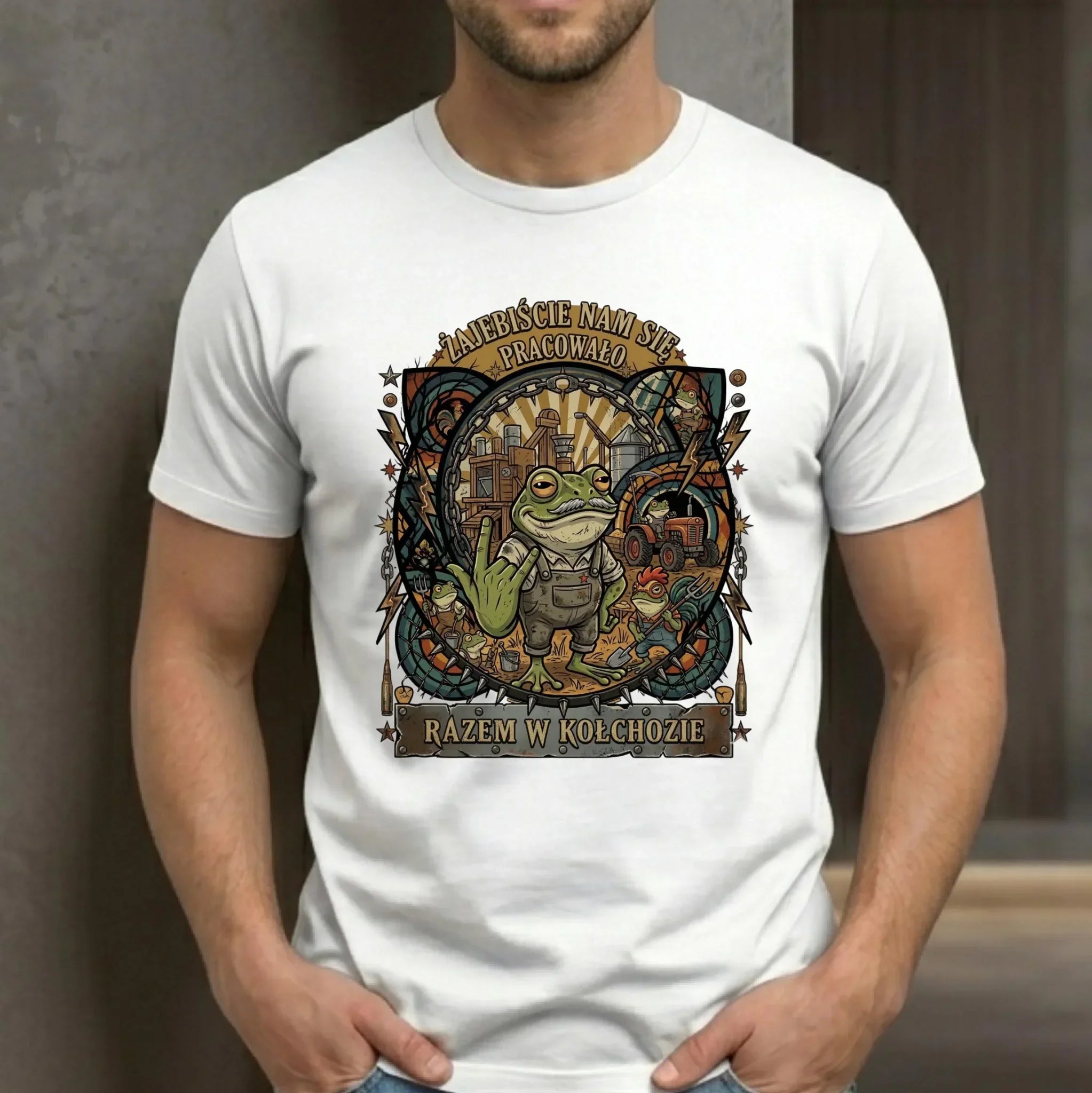 Koszulka męska na odejście z pracy dla kolegi - Żajebiście nam się pracowało w kołchozie OP10 - StoryCups.pl