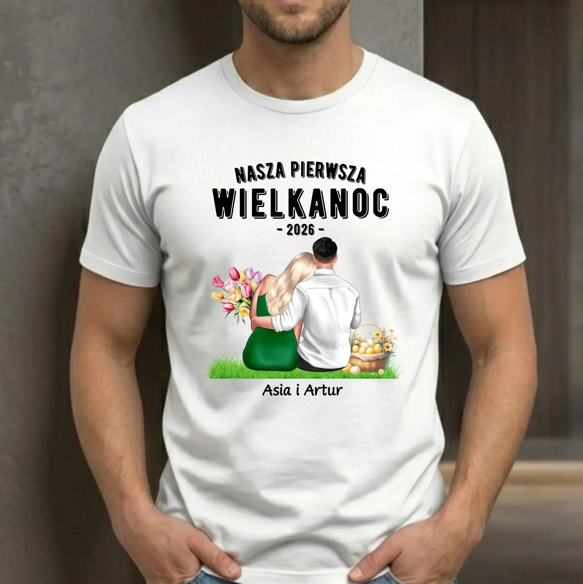Koszulka męska wielkanocna dla par - Nasza pierwsza Wielkanoc - personalizowana WN16 - StoryCups.pl