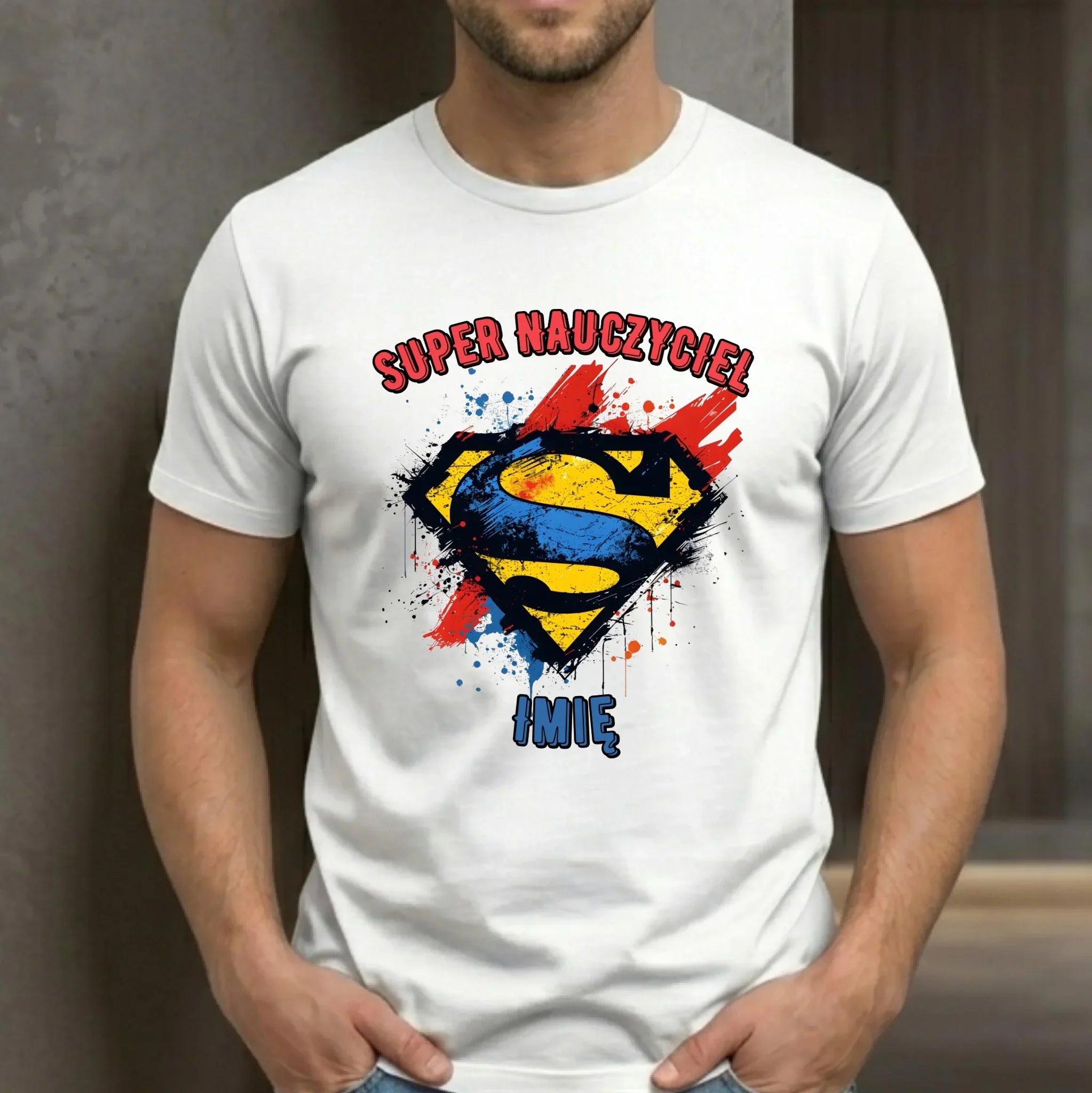 Koszulka męska dla nauczyciela - Super Nauczyciel - personalizowana N28 - StoryCups.pl
