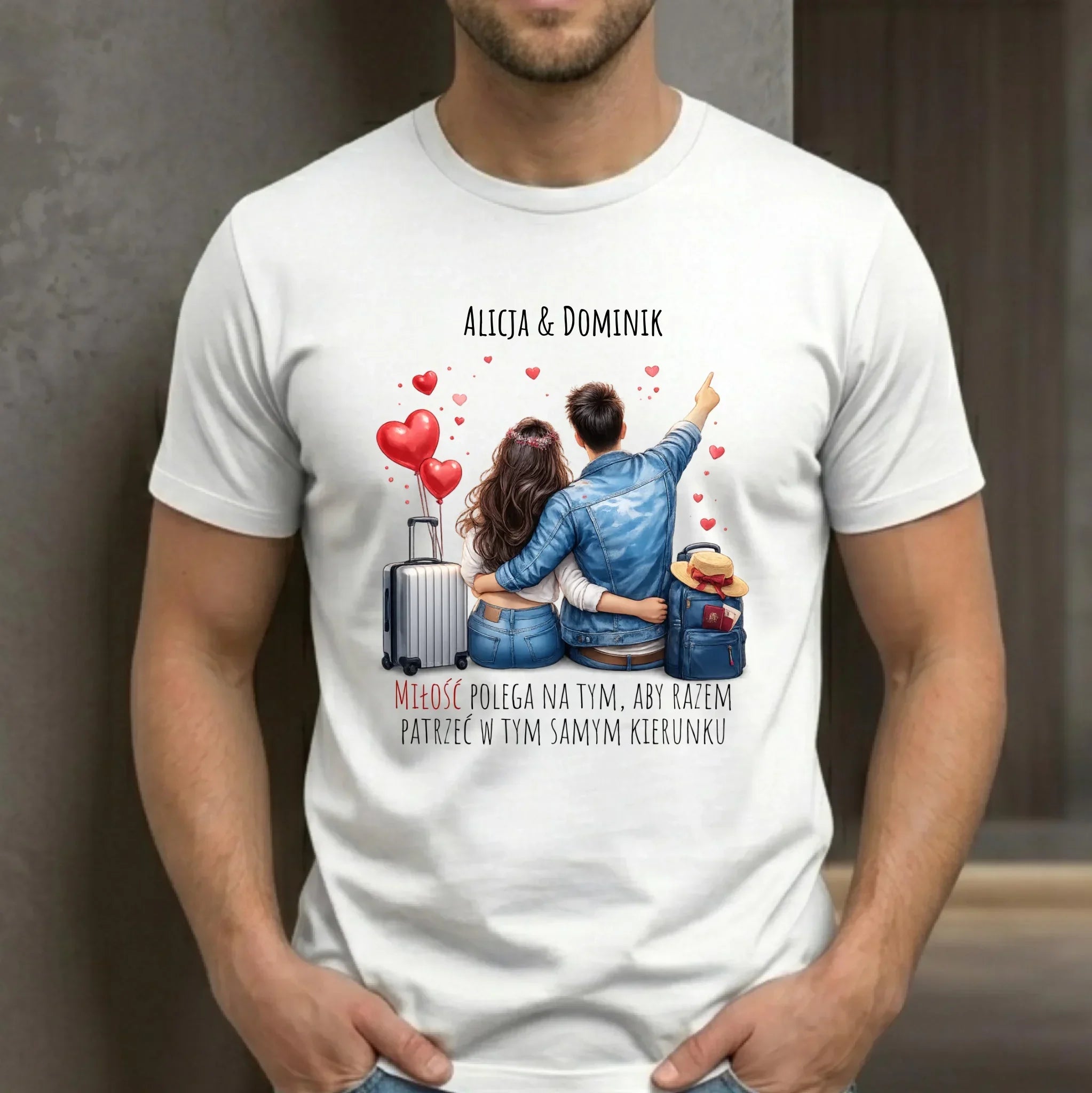 Koszulka męska dla par - Para w podróży miłość - personalizowana W12 - StoryCups.pl