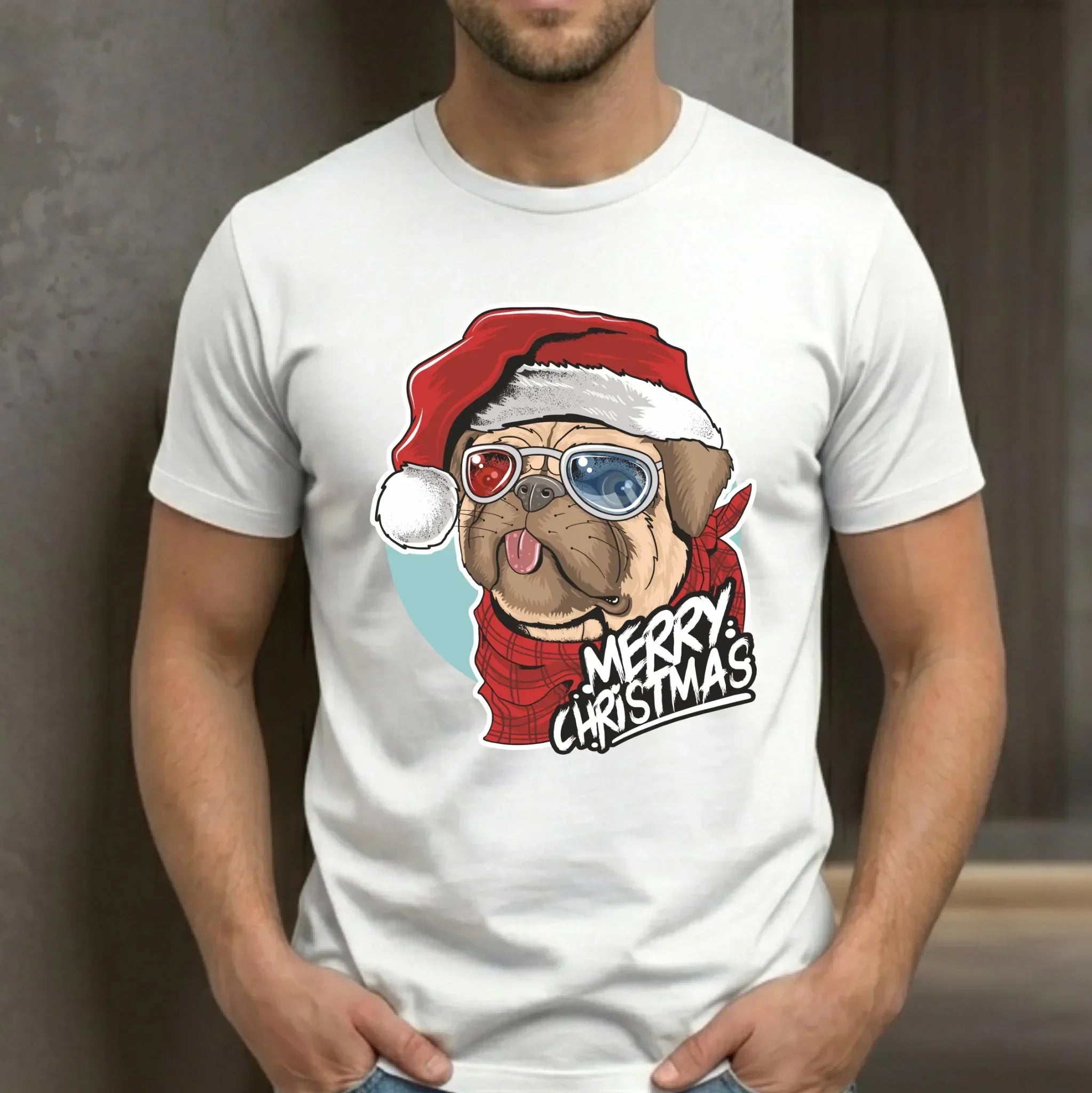 Koszulka męska świąteczna - Mops Merry Christmas BN62 - StoryCups.pl