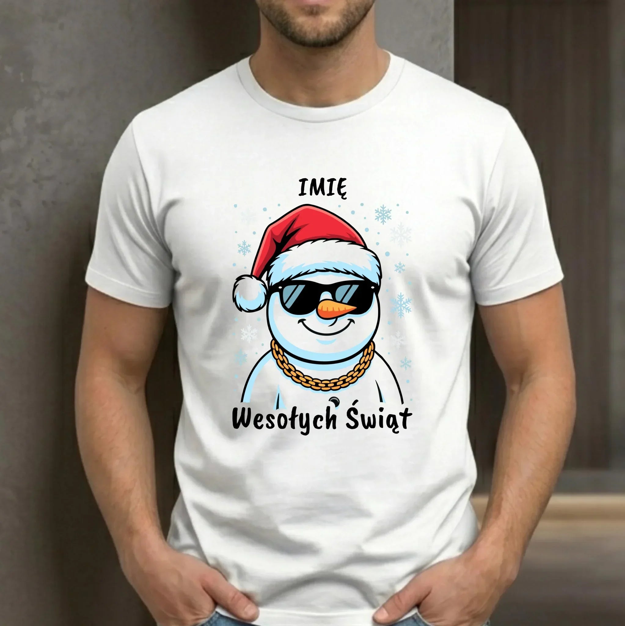 Koszulka męska świąteczna - Wesoły bałwan Wesołych Świąt - personalizowana BN82 - StoryCups.pl