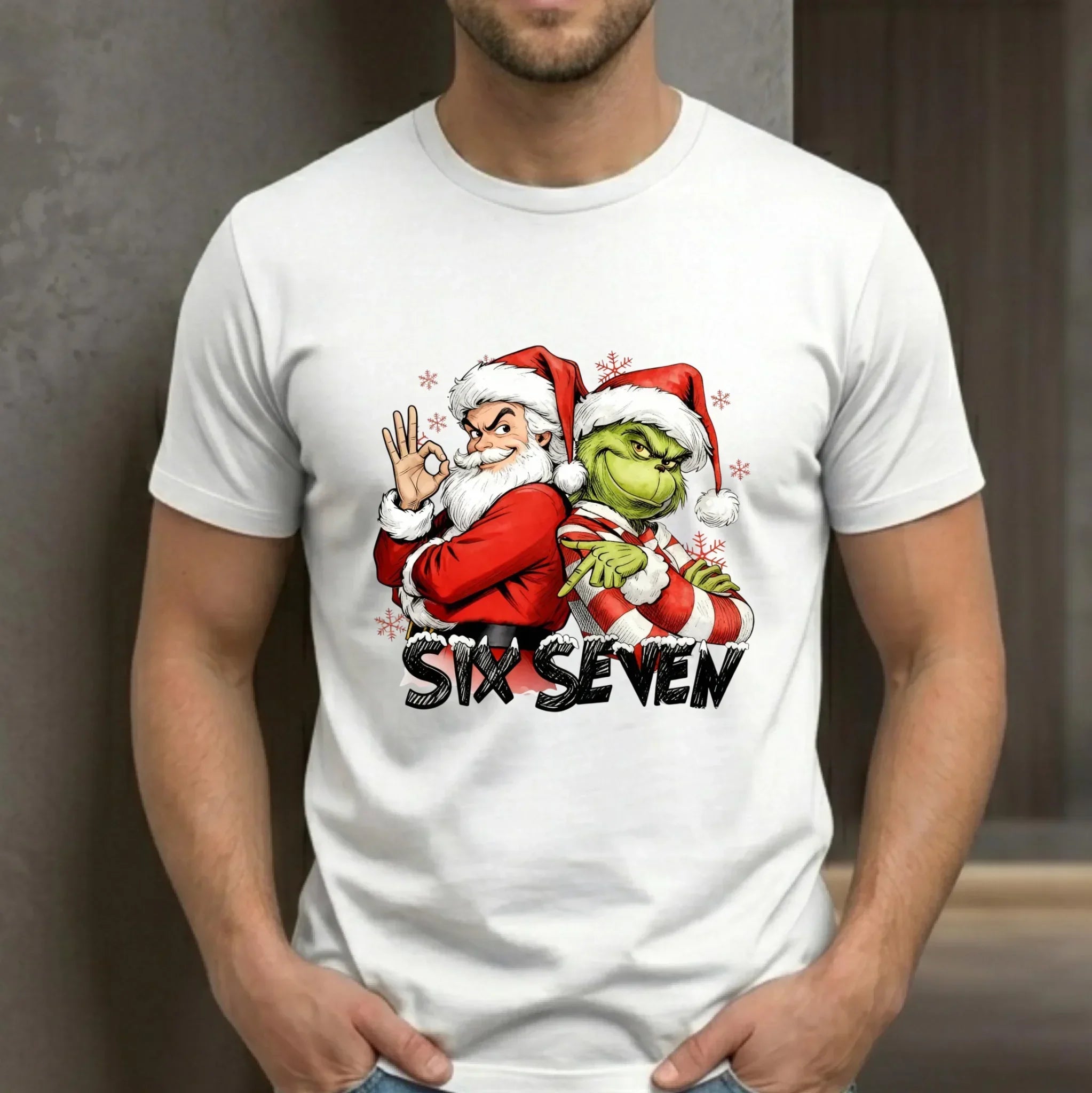 Koszulka męska świąteczna - Mikołaj i Grinch six seven 67 BN148 - StoryCups.pl