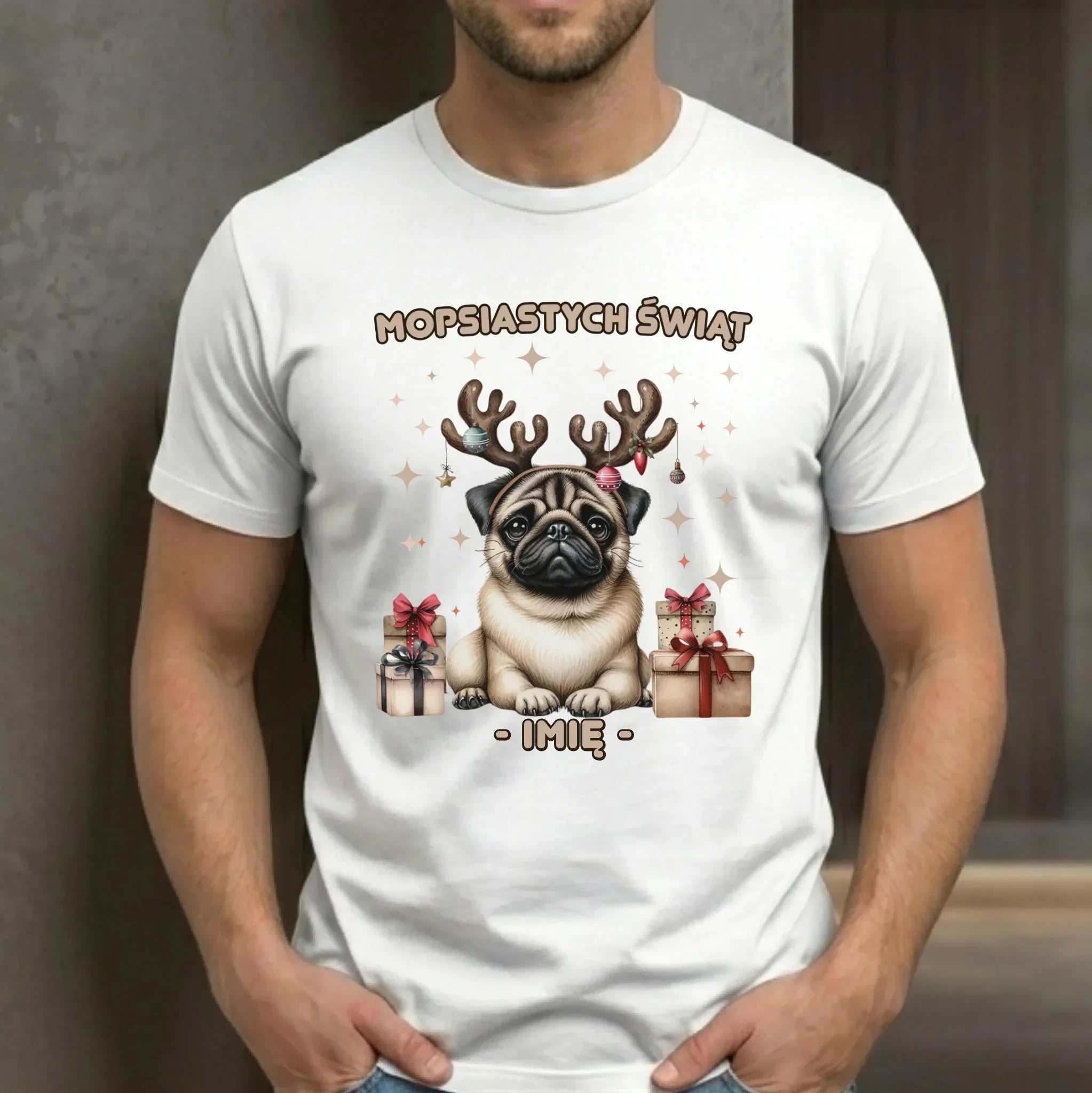 Koszulka męska świąteczna - Mops Mopsiastych świąt - personalizowana BN91 - StoryCups.pl