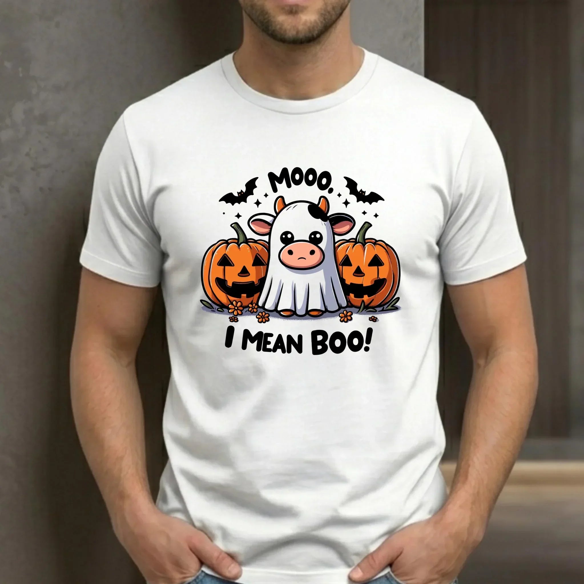 Koszulka męska na Halloween - Mooo I mean Boo! - z dynią i duchem HL14 - StoryCups.pl