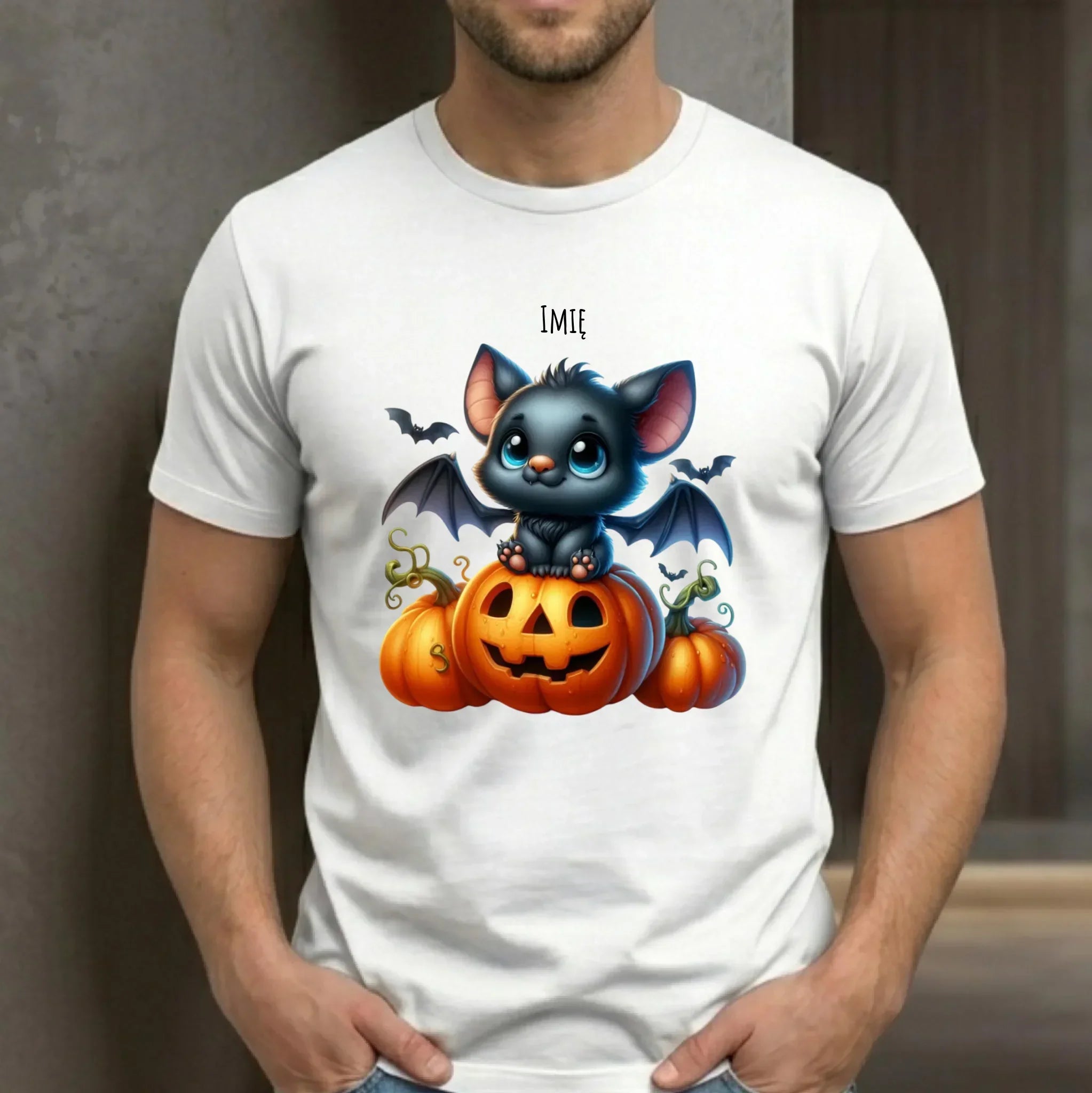 Koszulka męska halloweenowa - Słodki nietoperz z dynią - personalizowana HL09 - StoryCups.pl
