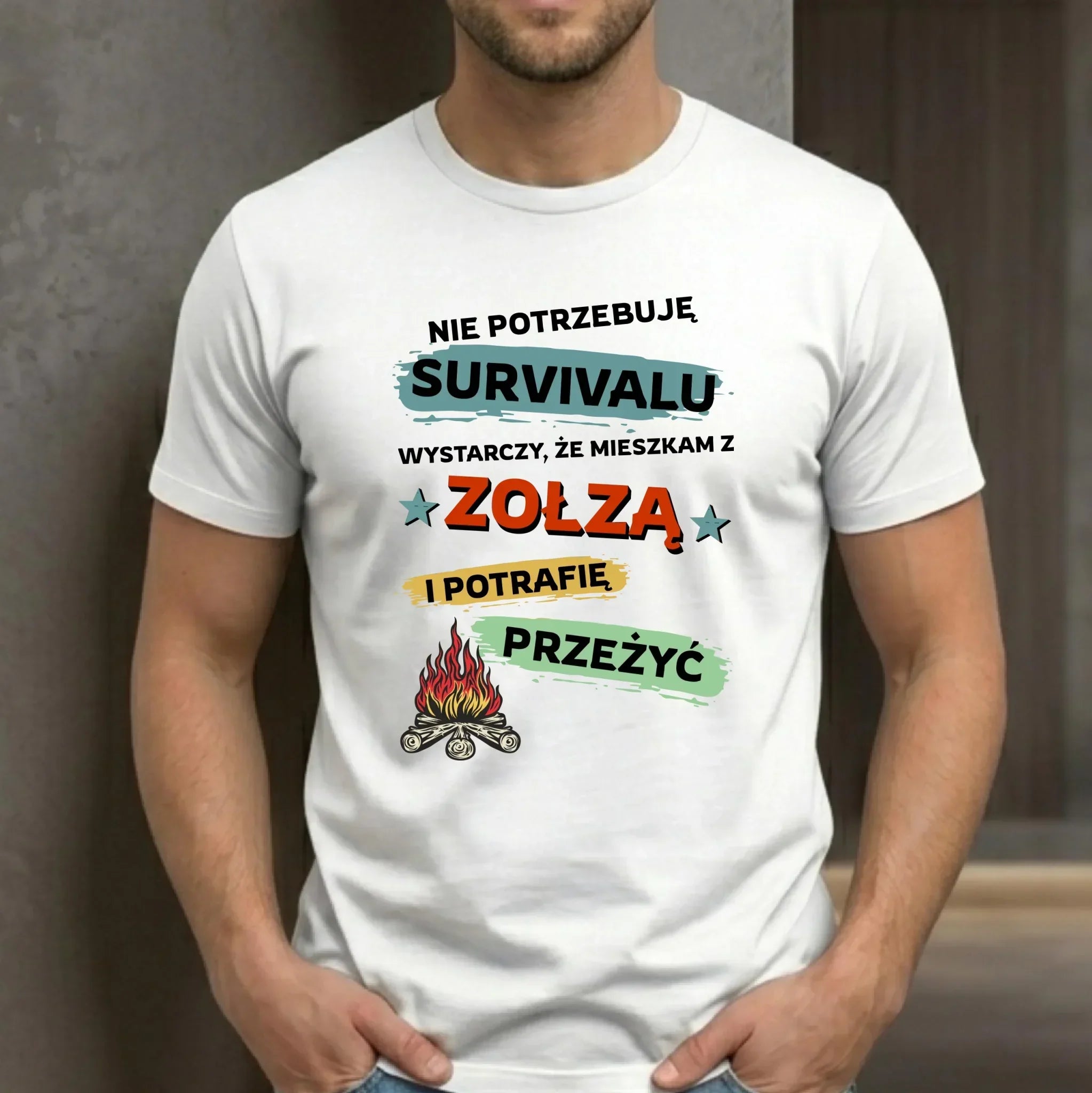 Koszulka męska – Prezent dla chłopaka męża - Nie potrzebuję survivalu, mieszkam z zołzą DCH25 - StoryCups.pl