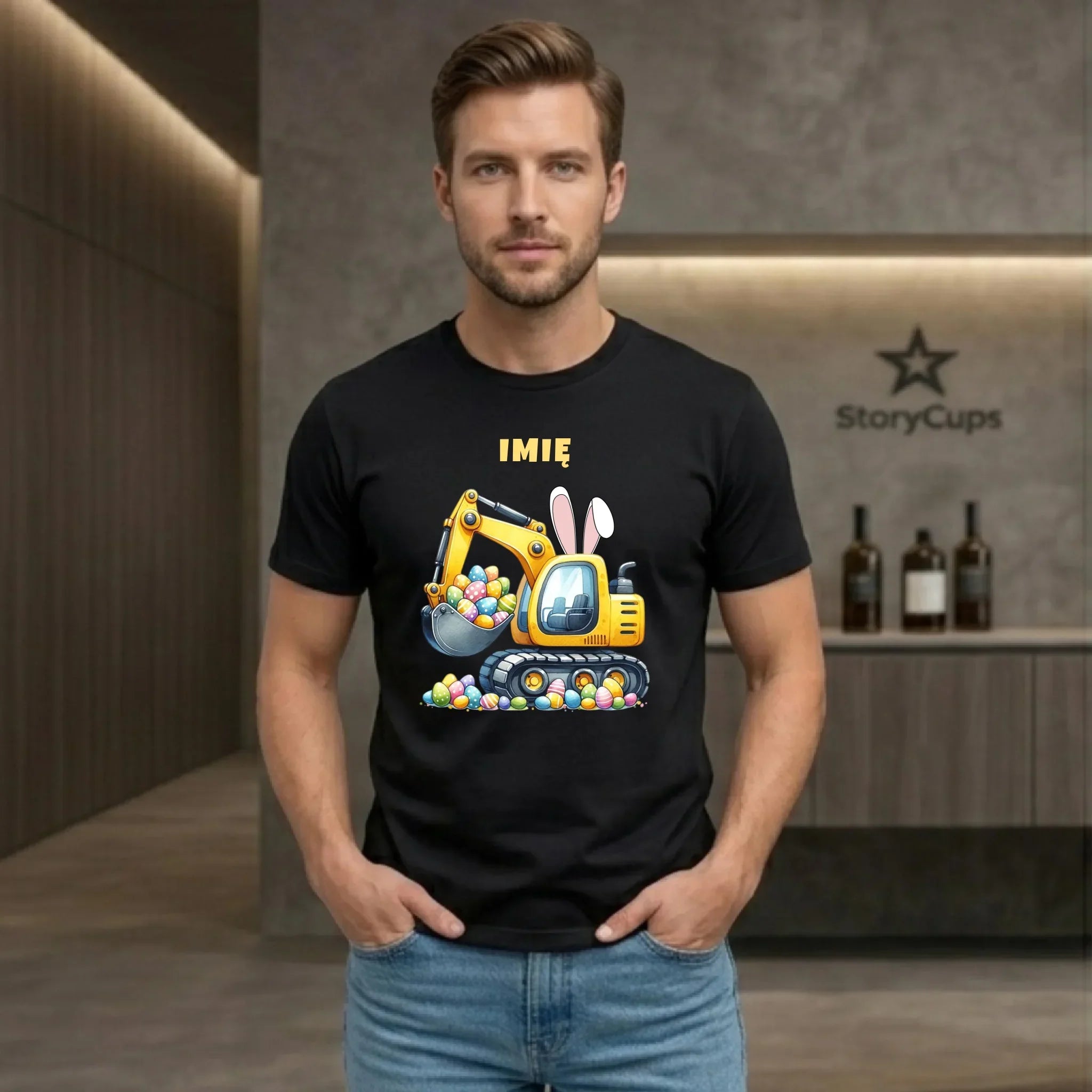 Koszulka męska na Wielkanoc - Koparka z pisankami - personalizowana WN17 - StoryCups.pl