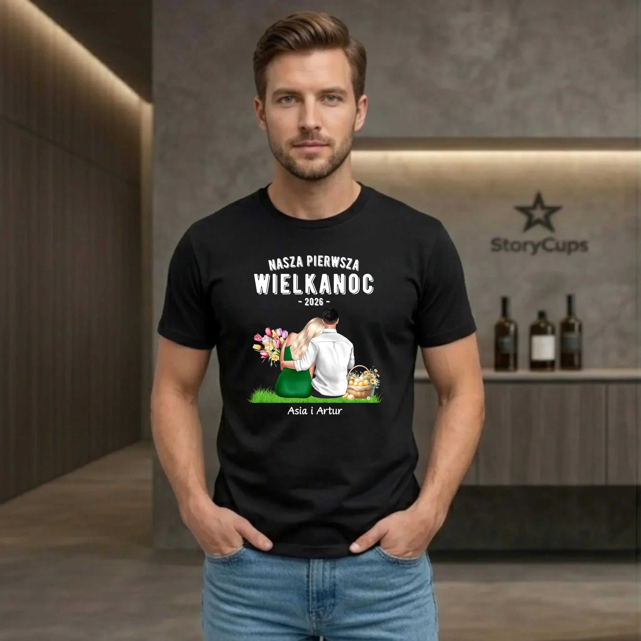 Koszulka męska wielkanocna dla par - Nasza pierwsza Wielkanoc - personalizowana WN16 - StoryCups.pl