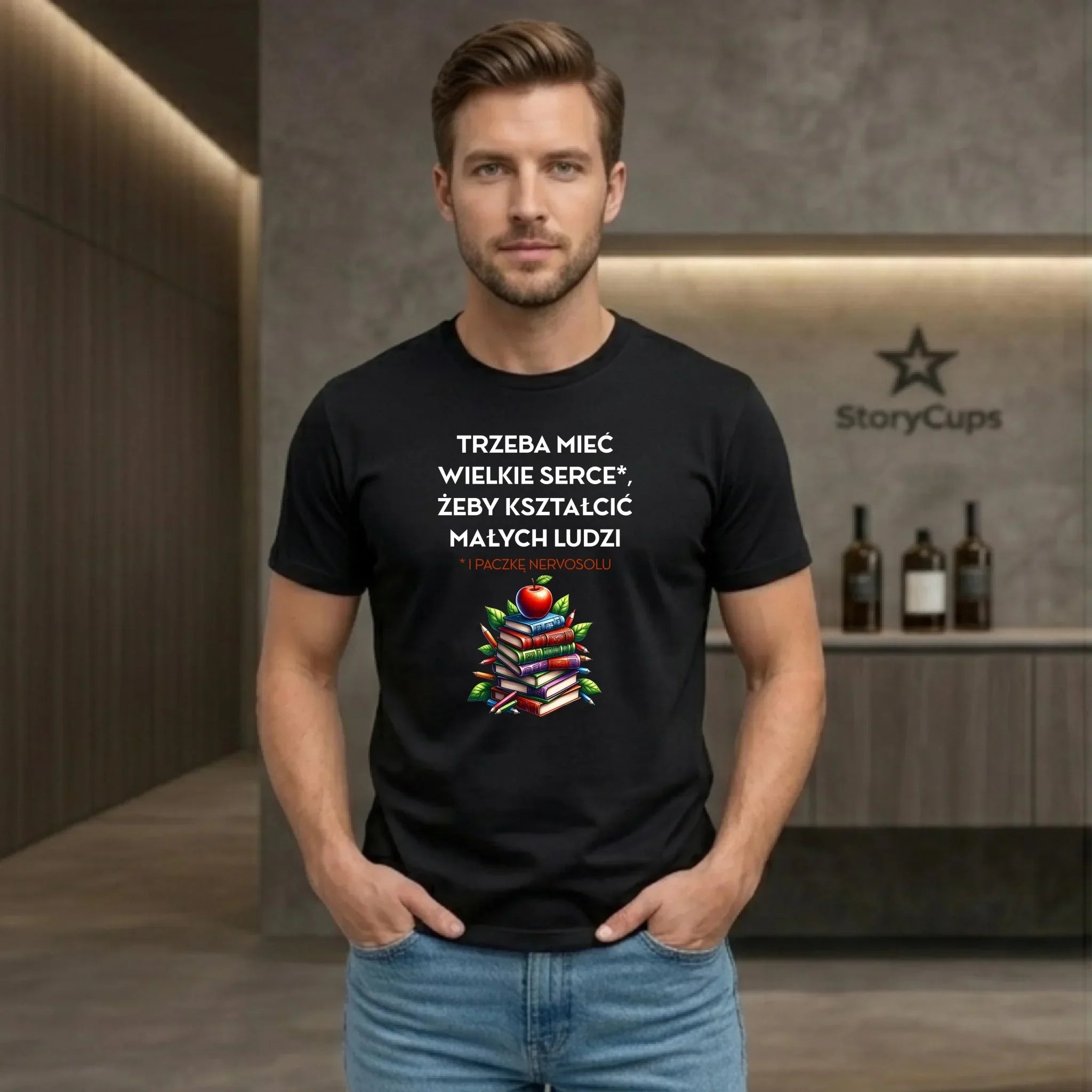 Koszulka dla nauczyciela - Trzeba mieć wielkie serce i paczkę nervosolu N73 - StoryCups.pl