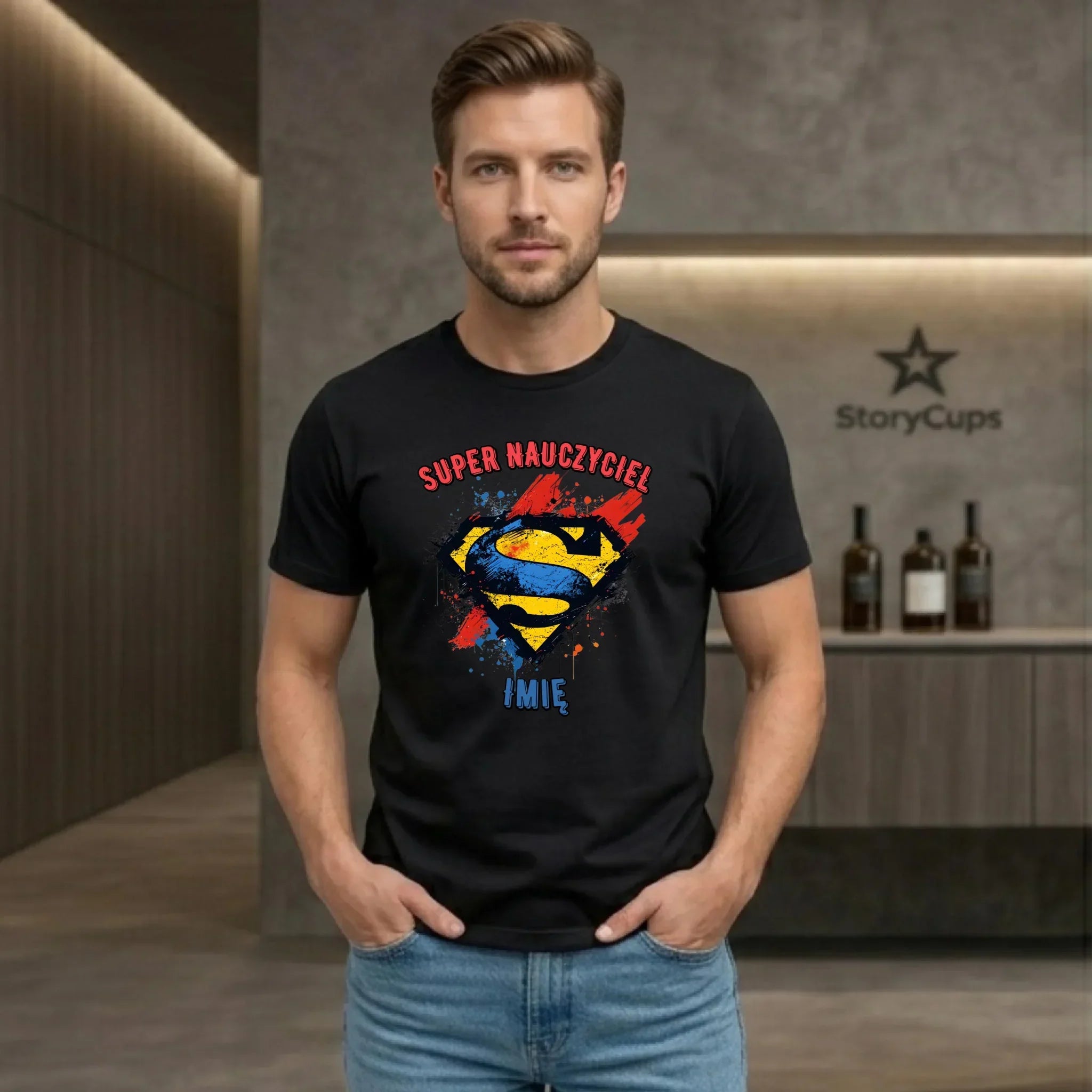 Koszulka męska dla nauczyciela - Super Nauczyciel - personalizowana N28 - StoryCups.pl