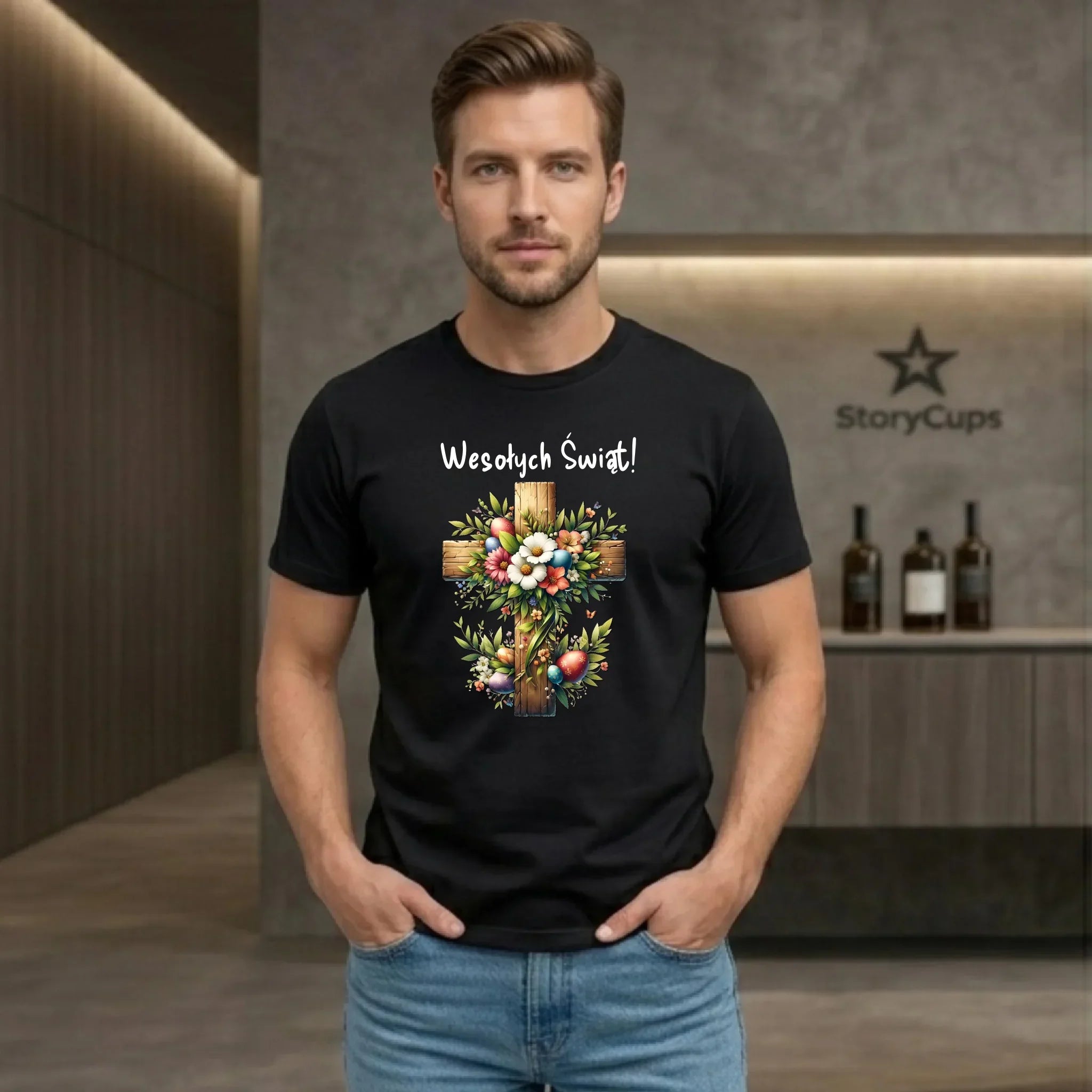 Koszulka męska na Wielkanoc - Krzyż z kwiatami Wesołych Świąt WN02 - StoryCups.pl