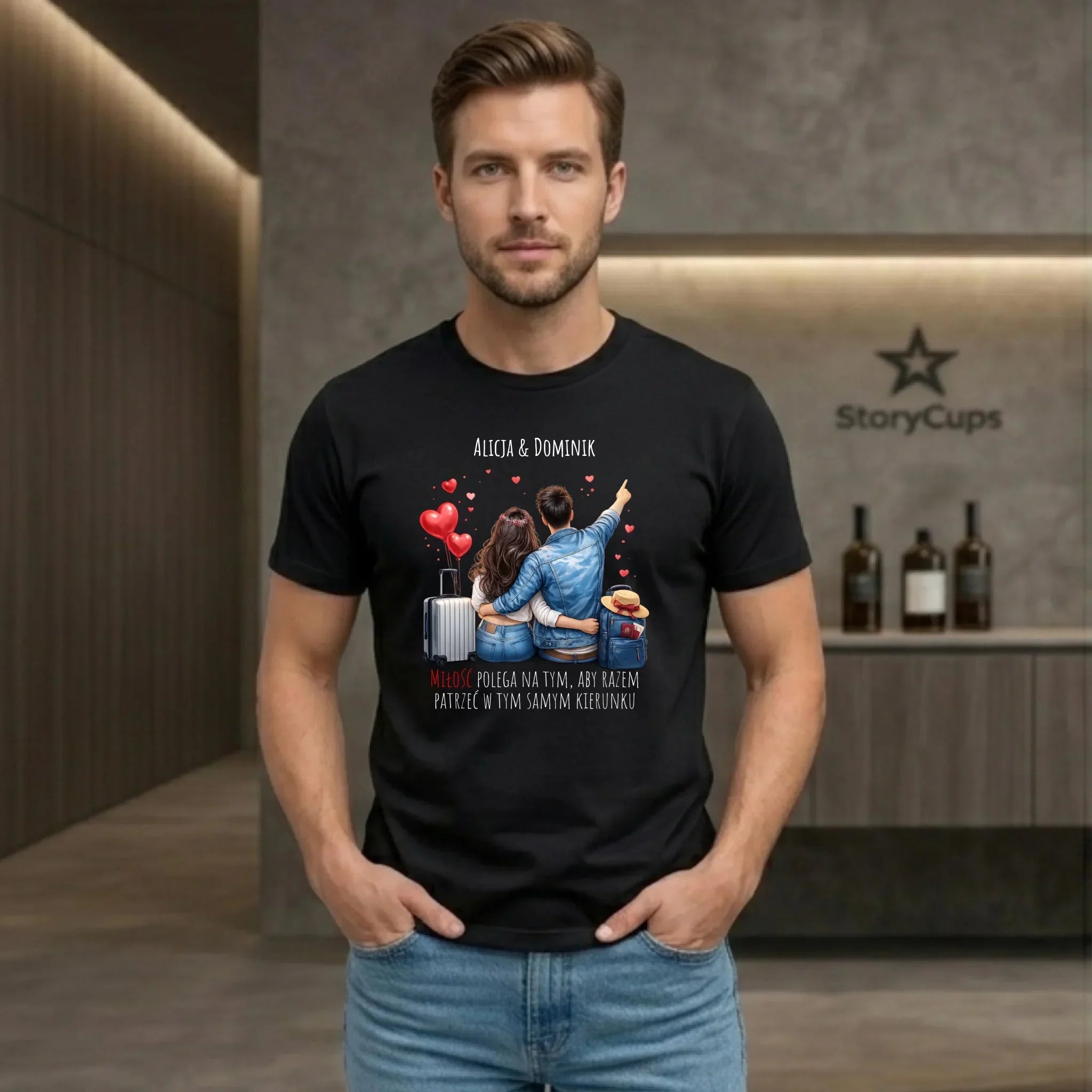 Koszulka męska dla par - Para w podróży miłość - personalizowana W12 - StoryCups.pl