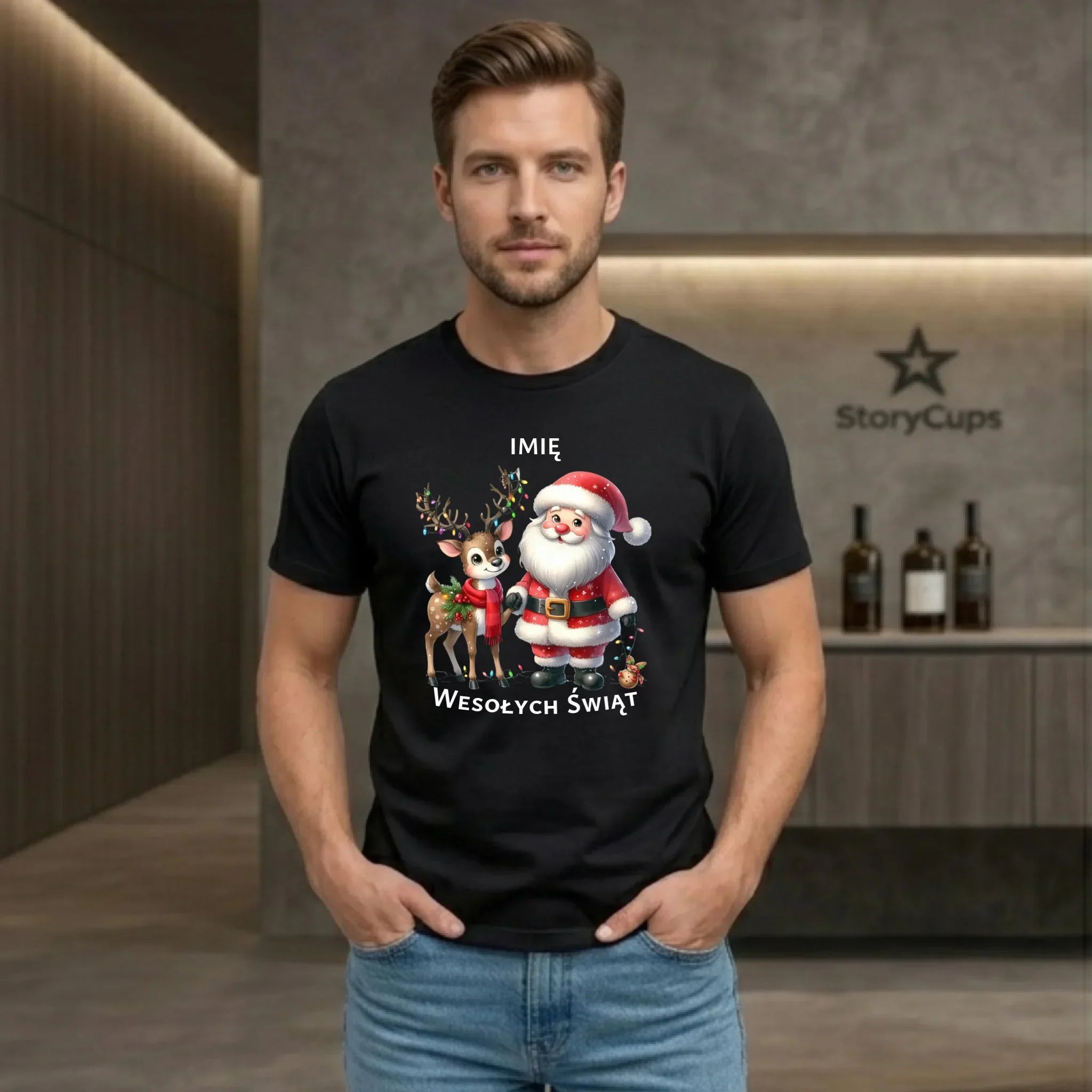 Koszulka męska świąteczna - Mikołaj z reniferem - personalizowana BN09 - StoryCups.pl