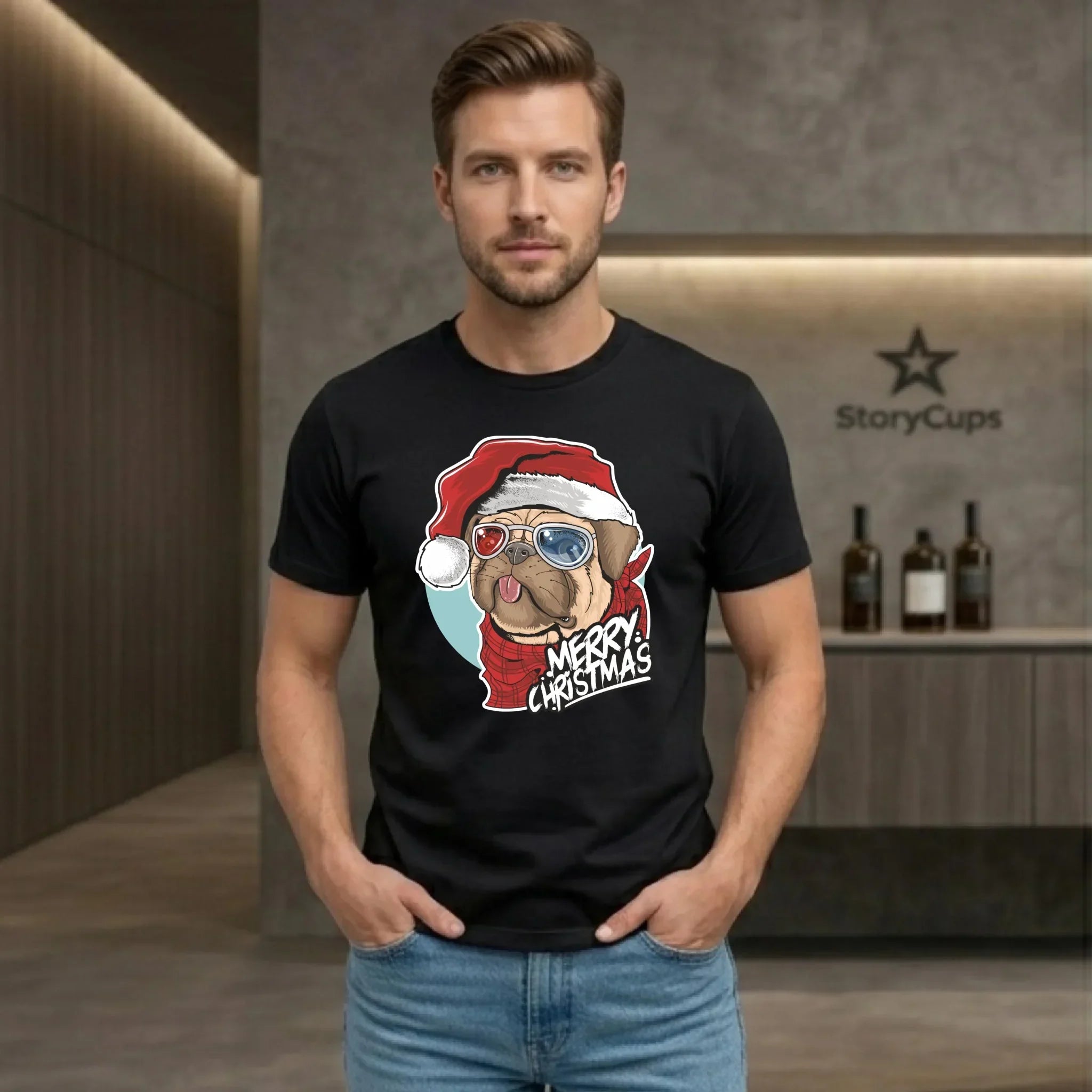 Koszulka męska świąteczna - Mops Merry Christmas BN62 - StoryCups.pl