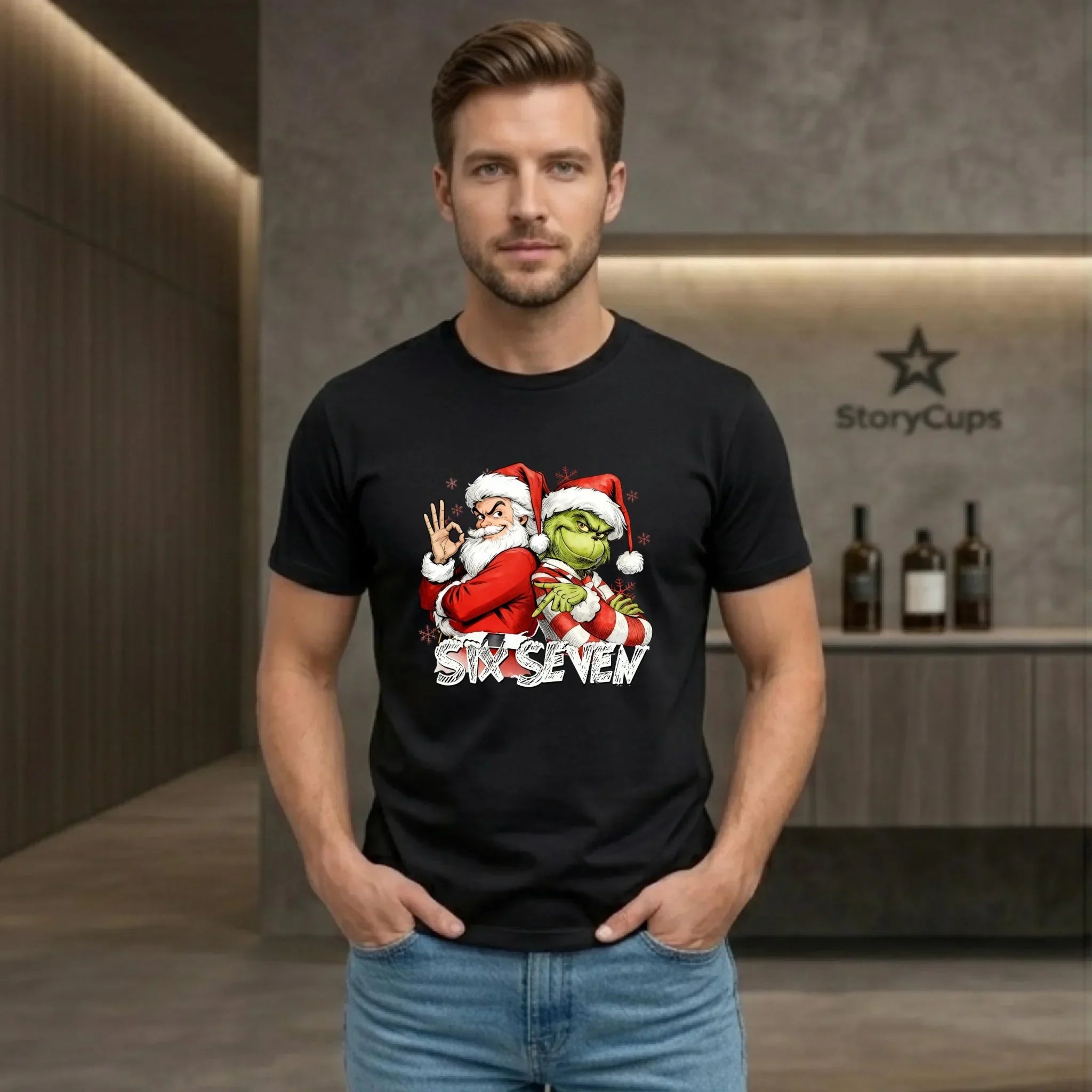 Koszulka męska świąteczna - Mikołaj i Grinch six seven 67 BN148 - StoryCups.pl