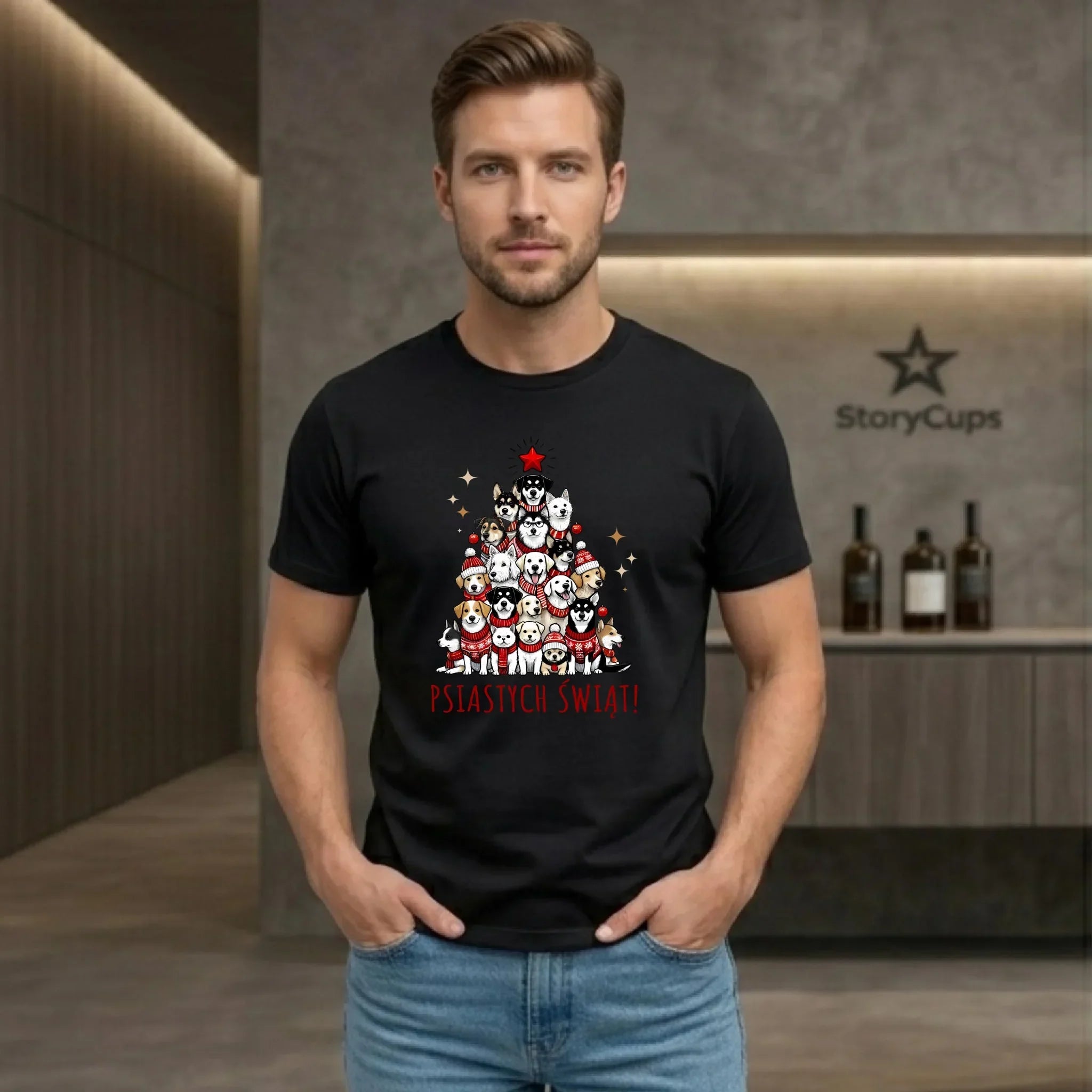 Koszulka męska świąteczna - Psia choinka Psiastych Świąt BN90 - StoryCups.pl