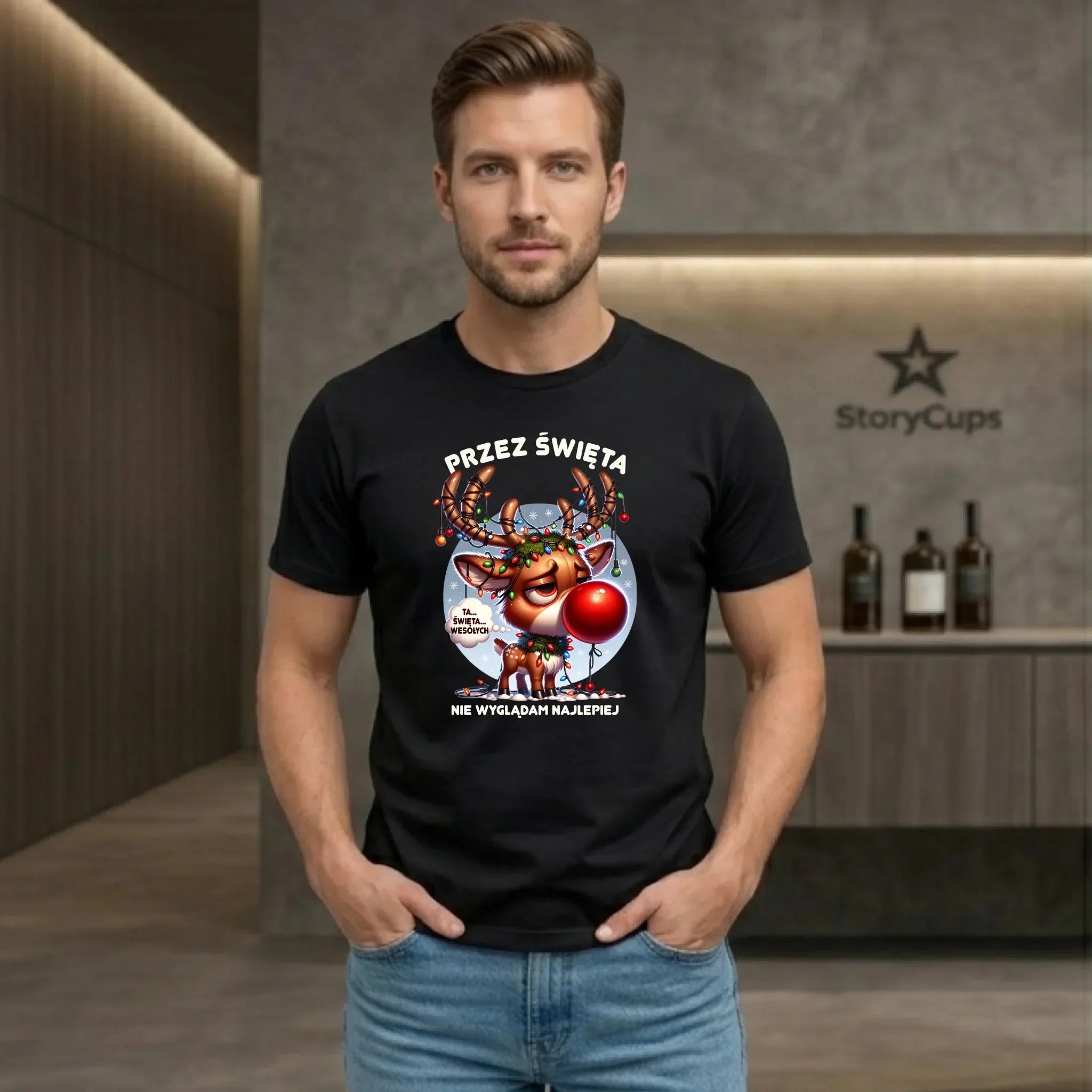 Koszulka męska świąteczna - Renifer Przez święta nie wyglądam najlepiej BN98 - StoryCups.pl