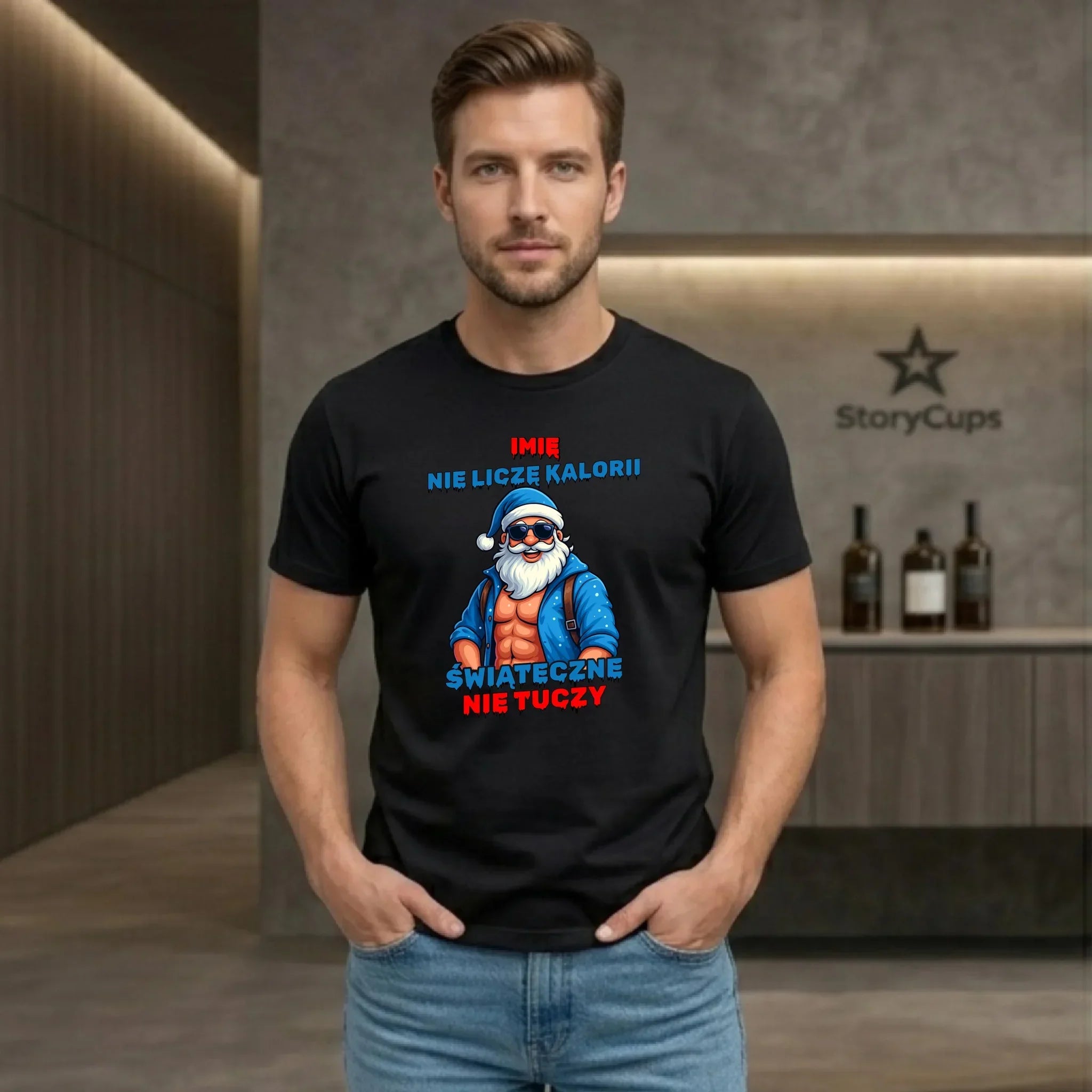 Koszulka męska świąteczna z Mikołajem - Świąteczne nie tuczy - personalizowana BN118 - StoryCups.pl
