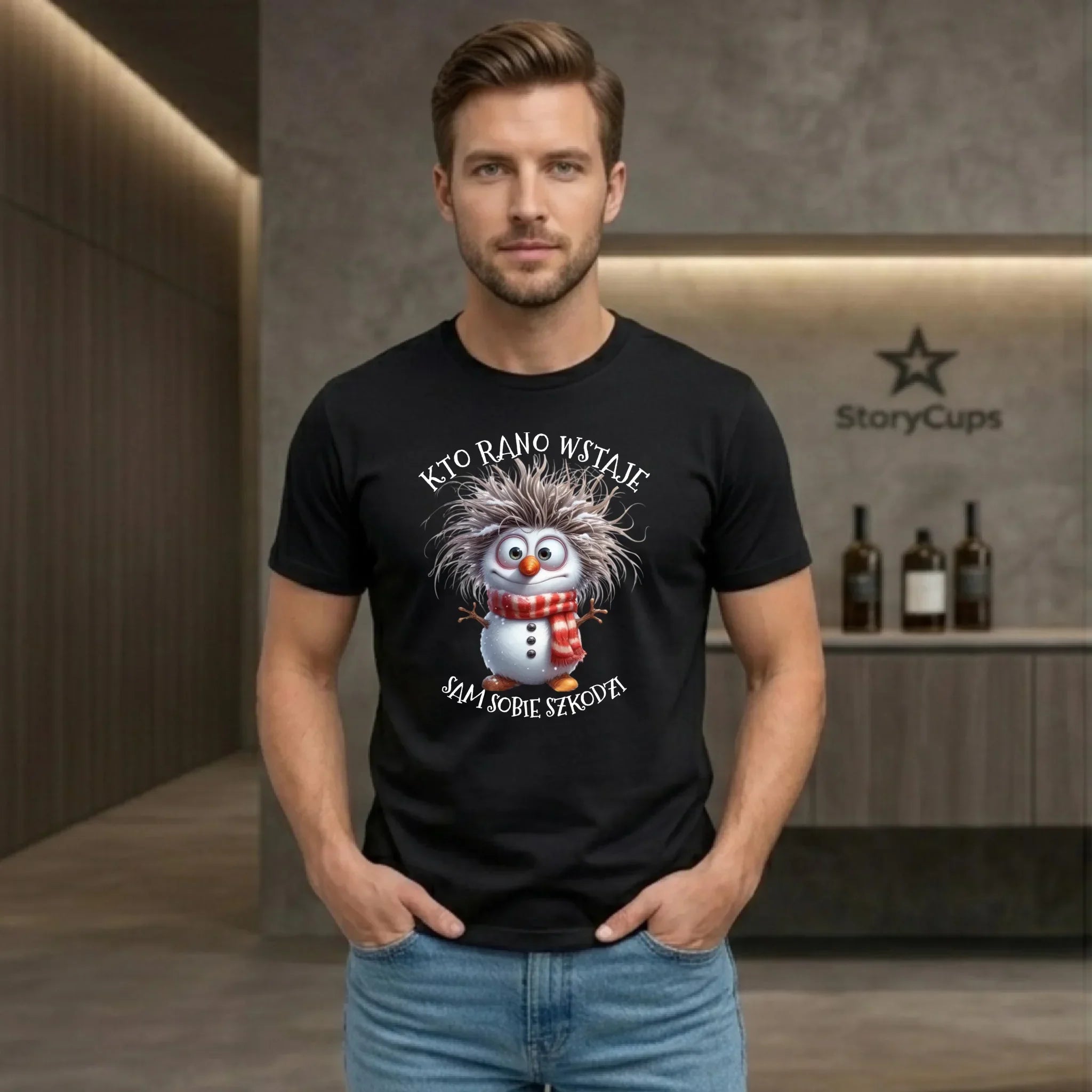 Koszulka męska świąteczna - Bałwanek - Kto rano wstaje sam sobie szkodzi BN133 - StoryCups.pl