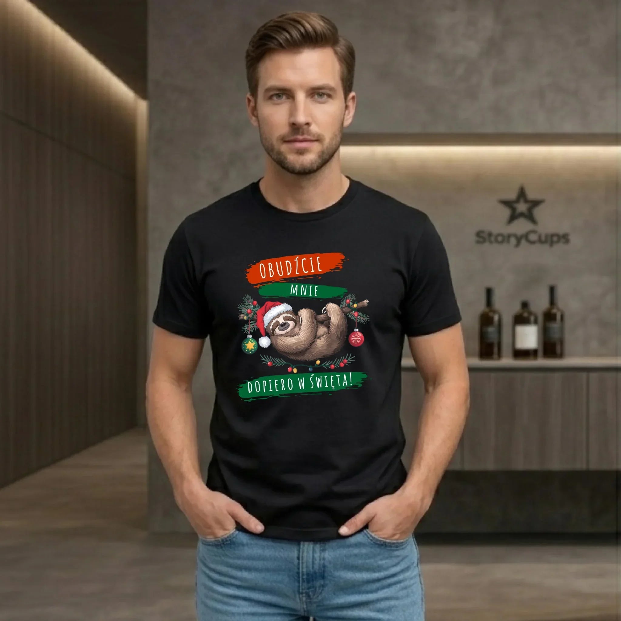 Koszulka męska świąteczna - Leniwiec - Obudźcie mnie dopiero w święta BN02 - StoryCups.pl