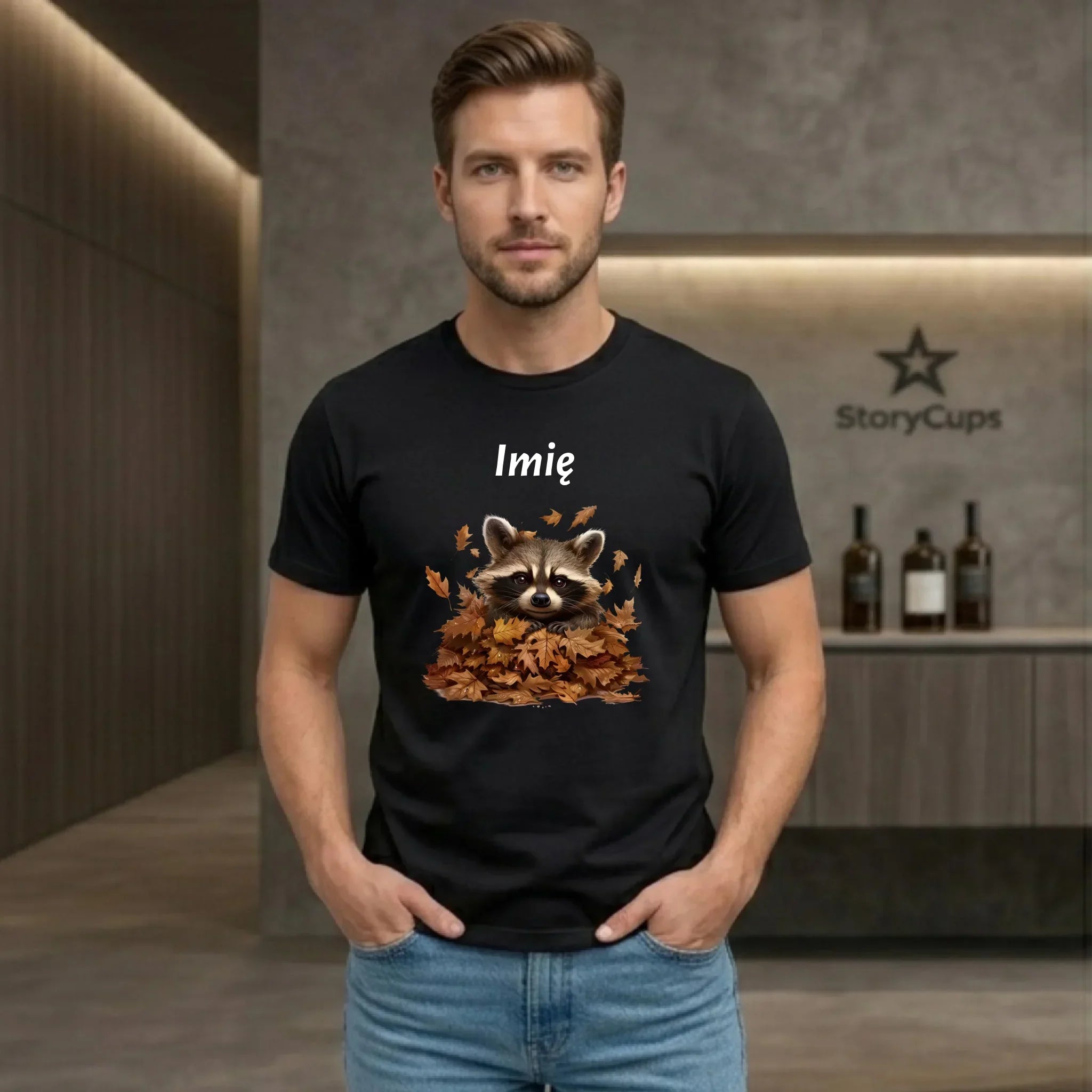 Koszulka męska jesienna - Szop w liściach - personalizowana JS24 - StoryCups.pl