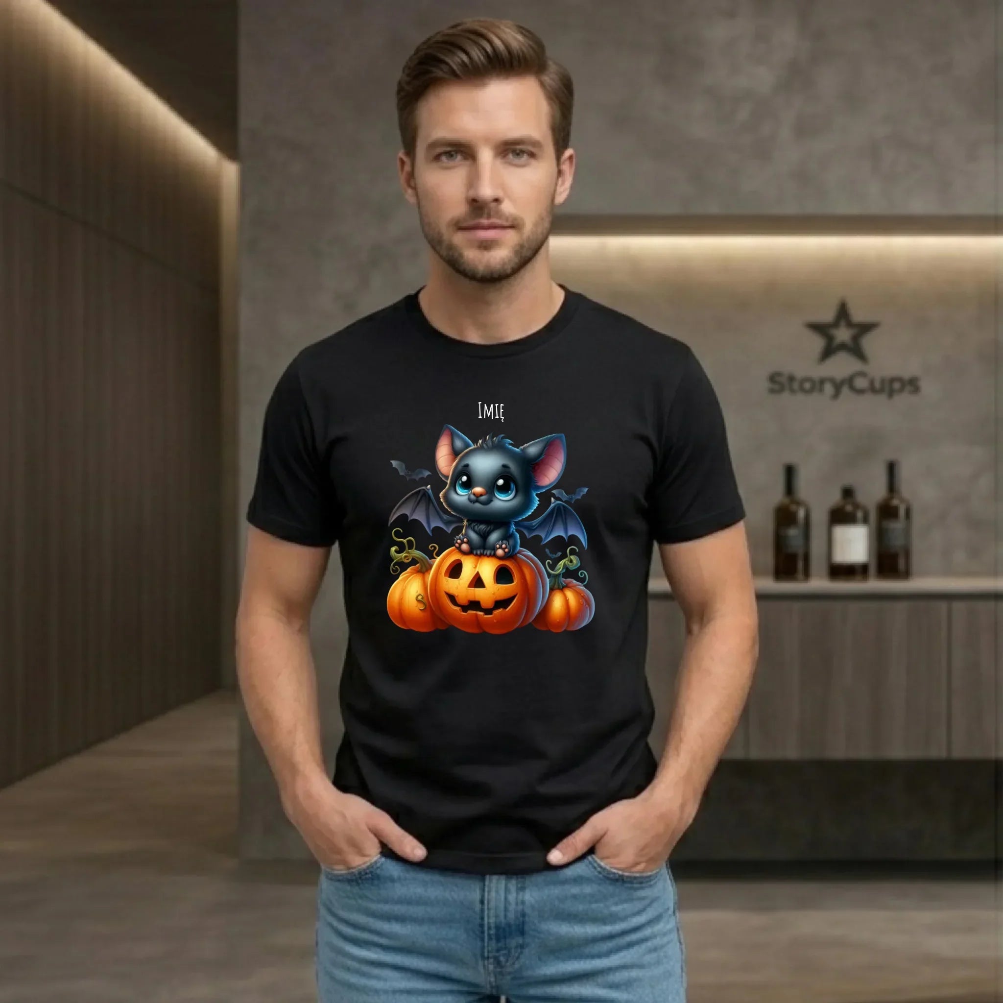 Koszulka męska halloweenowa - Słodki nietoperz z dynią - personalizowana HL09 - StoryCups.pl